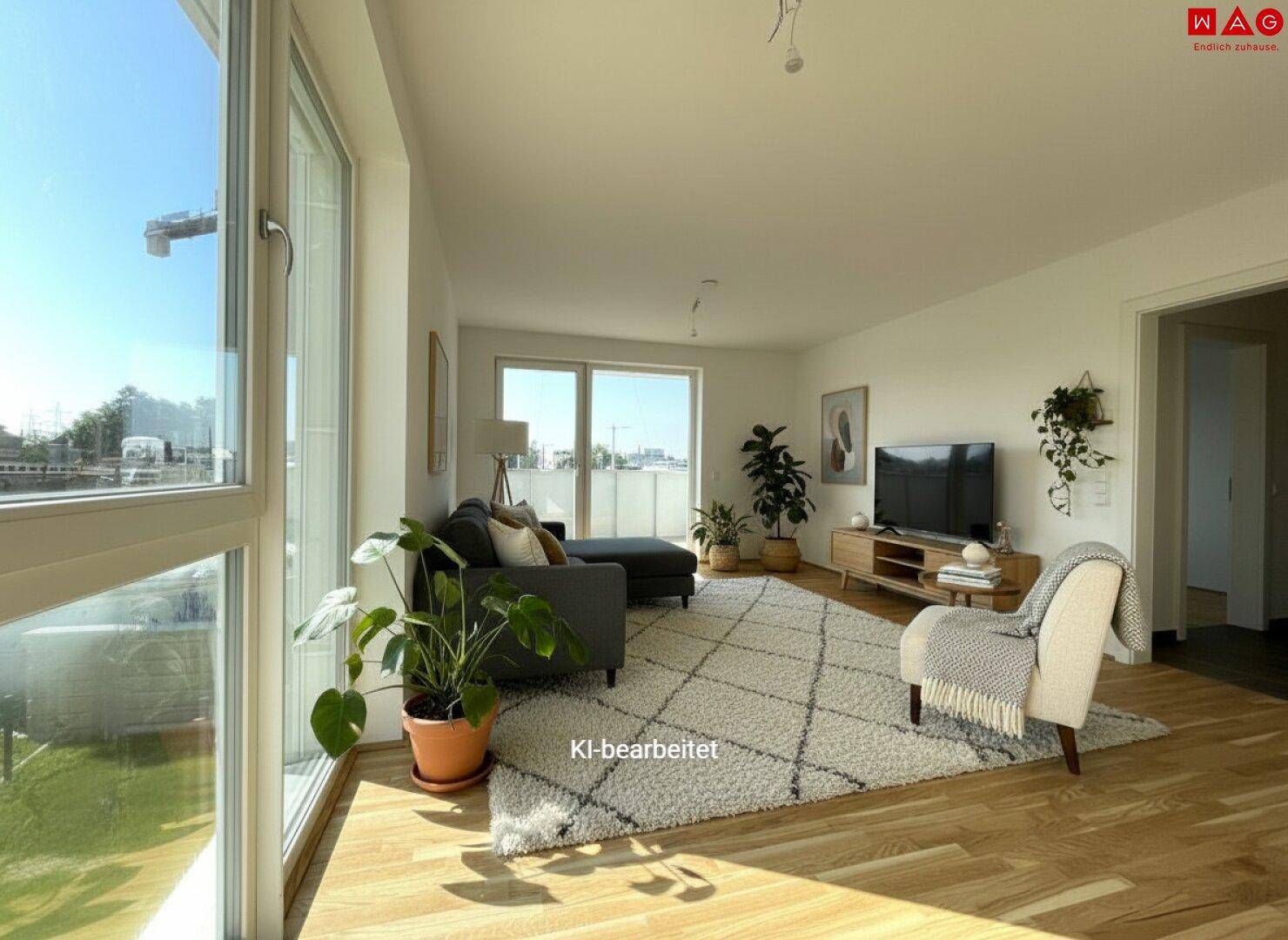 Modernes Wohnzimmer mit großen Fenstern, Holzboden und gemütlicher Sitzecke, lichtdurchflutet und einladend.