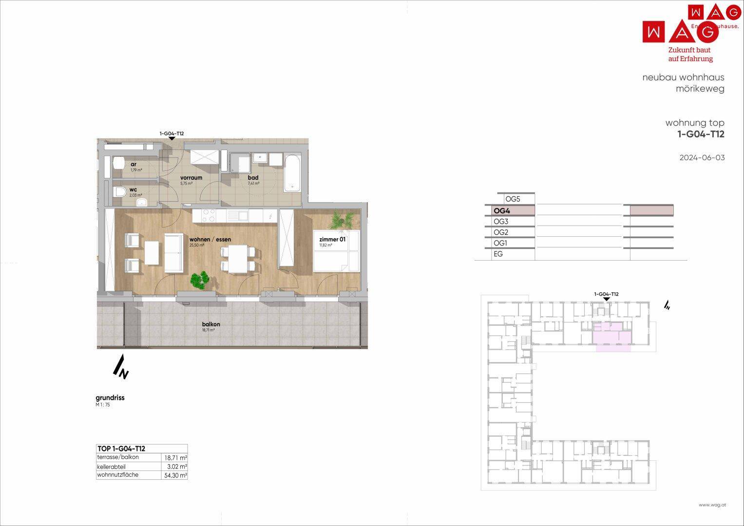 Grundriss der Wohnung Top 1-G04-T12 mit offenem Wohnbereich, Schlafzimmer und Balkon.