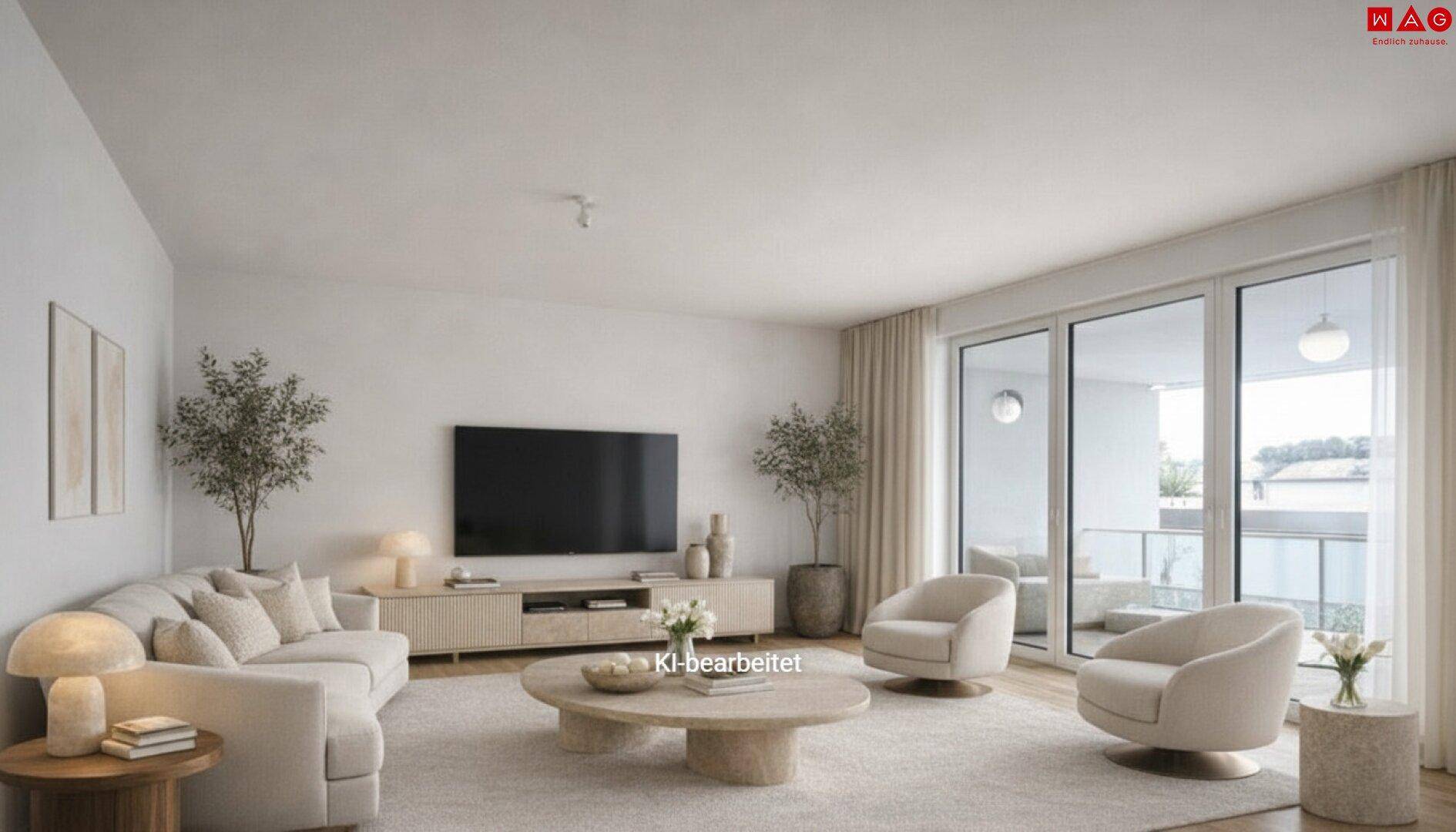 Modernes Wohnzimmer mit bequemen Sofas, großem Fernseher und Zugang zur Terrasse.