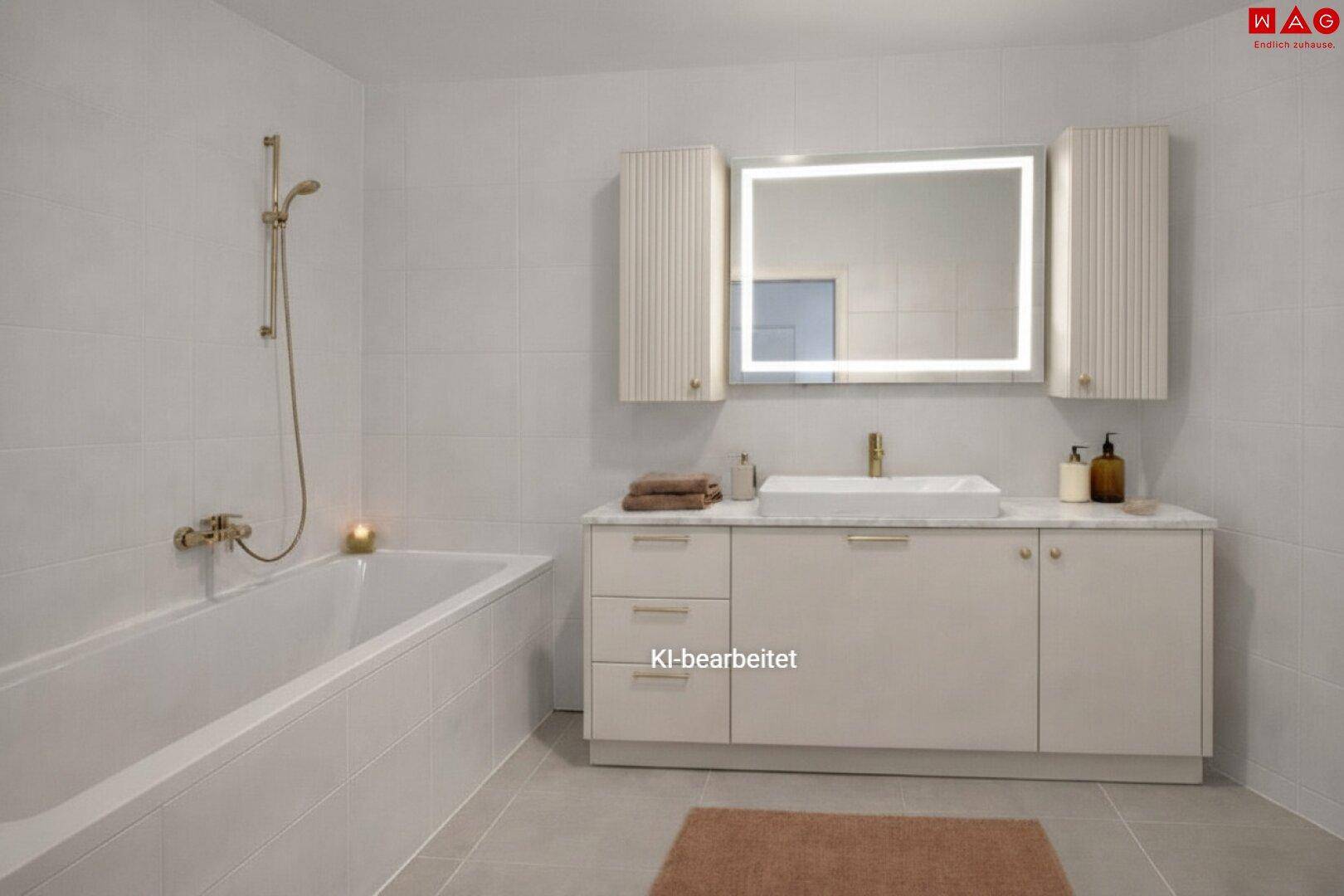 Modernes Badezimmer mit Badewanne, Waschtischunterschrank und beleuchtetem Spiegel.