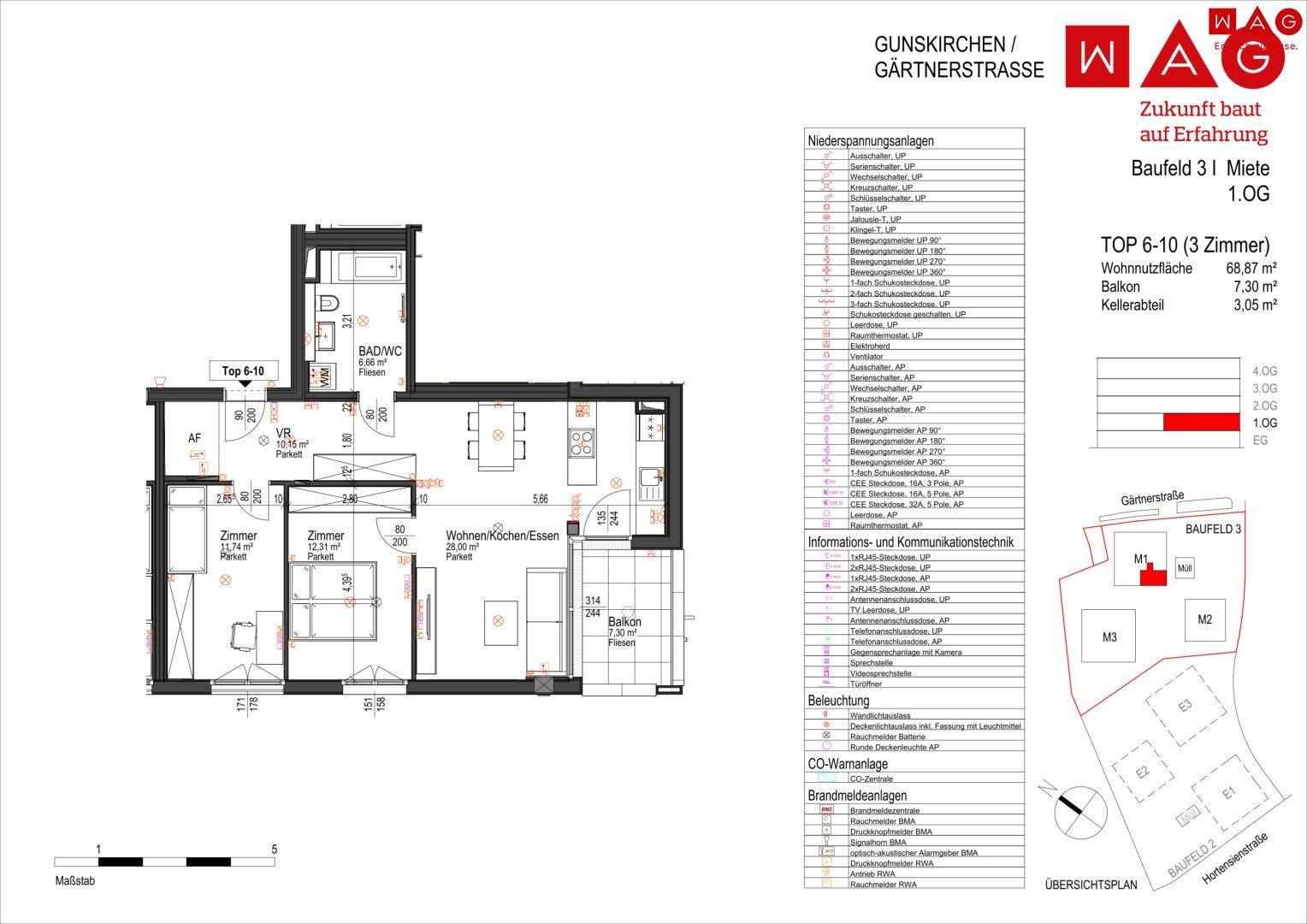 Detaillierter Grundriss einer 3-Zimmer-Wohnung mit Balkon und Informationen zur Ausstattung.