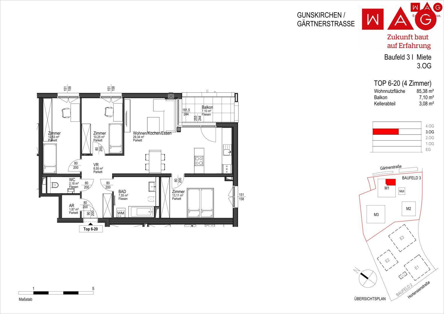 Grundriss einer 4-Zimmer-Wohnung mit Balkon, offenem Wohnbereich und zwei Bädern.