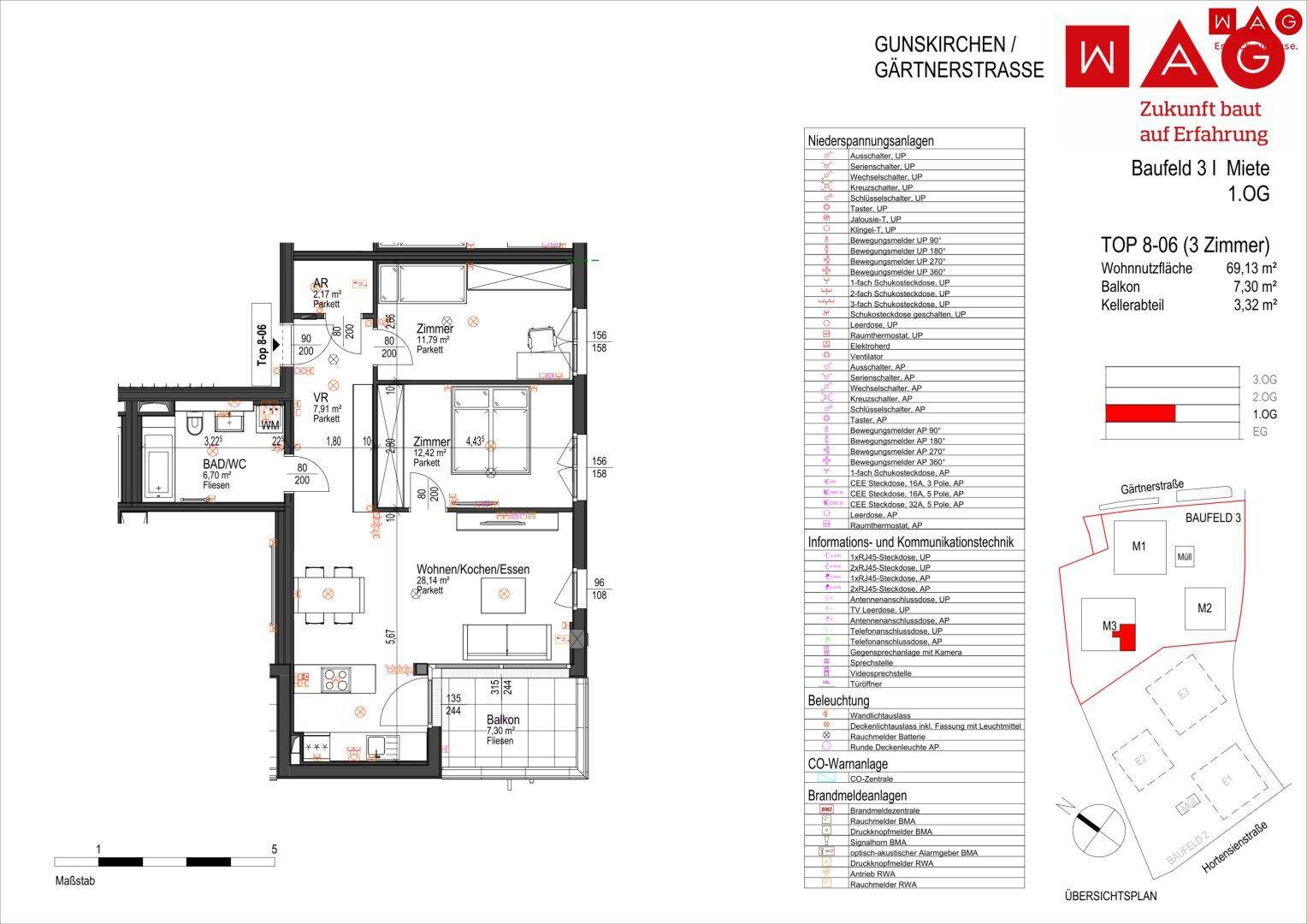 Grundriss einer 3-Zimmer-Wohnung mit Balkon und detaillierten technischen Informationen.