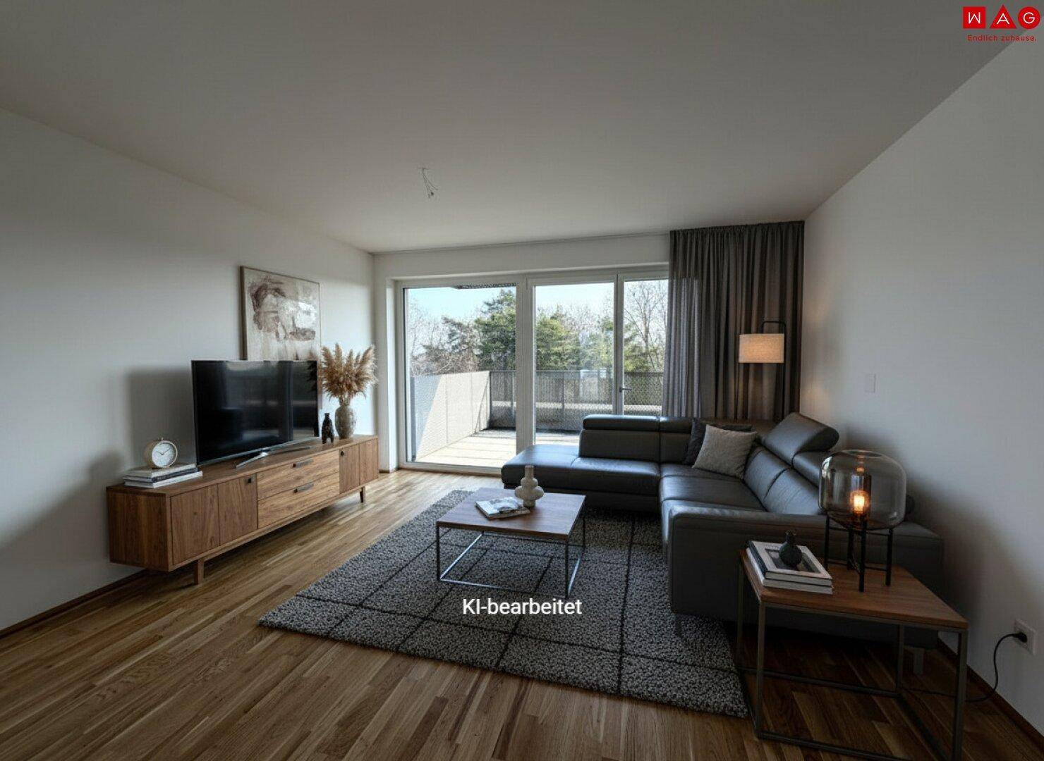 Gemütliches Wohnzimmer mit Holzboden, Sofa und Zugang zur Terrasse, ideal zum Entspannen.