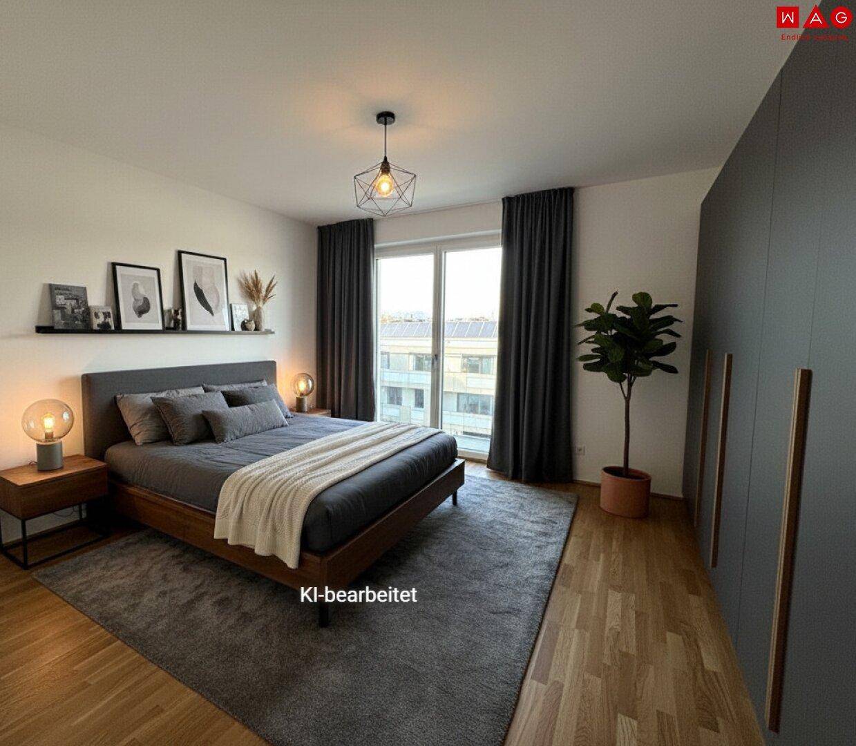 Modern eingerichtetes Schlafzimmer mit Holzboden und großem Kleiderschrank.