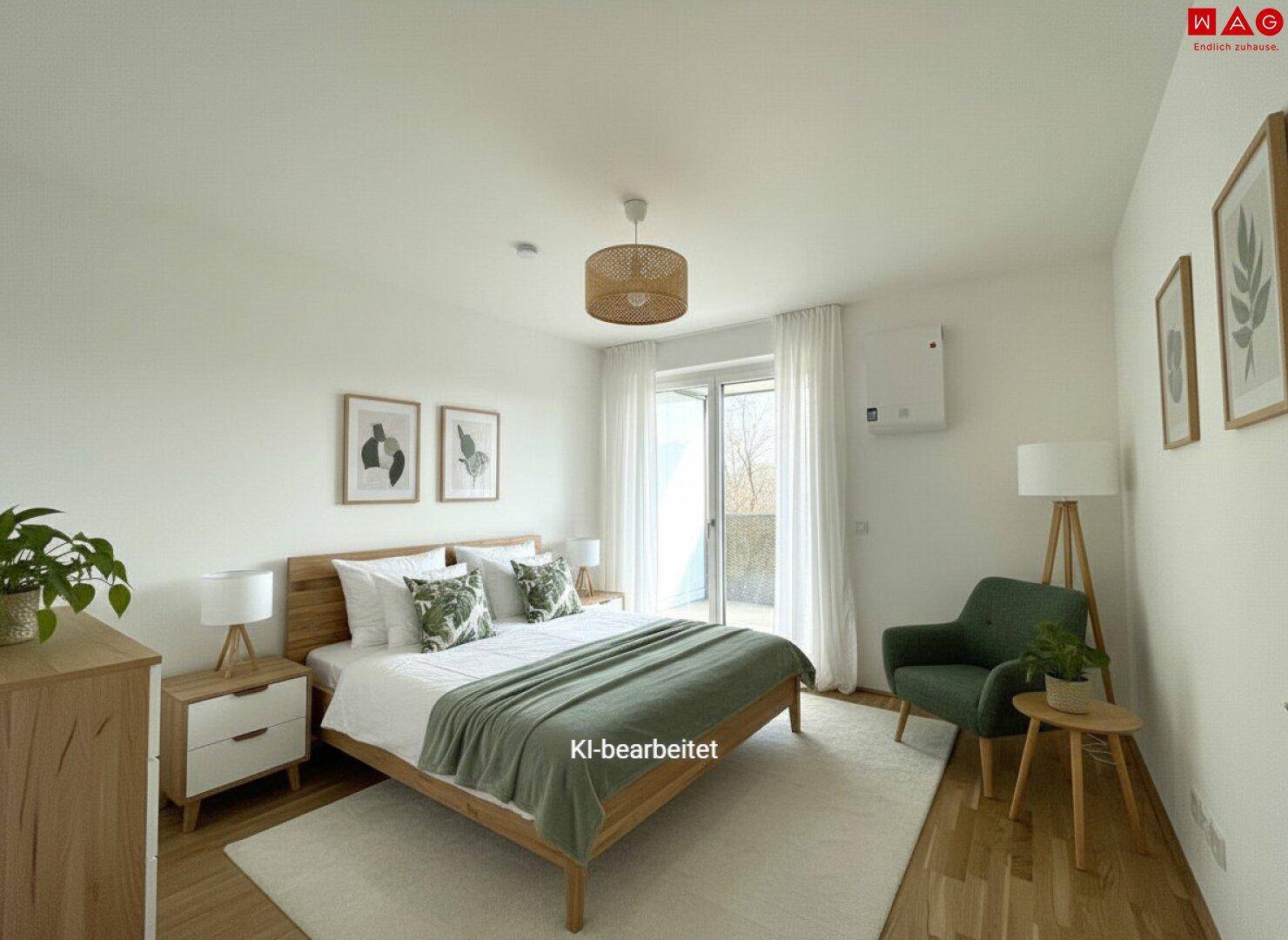 Modern eingerichtetes Schlafzimmer mit Holzbett, Klimaanlage und direktem Zugang zum Balkon.