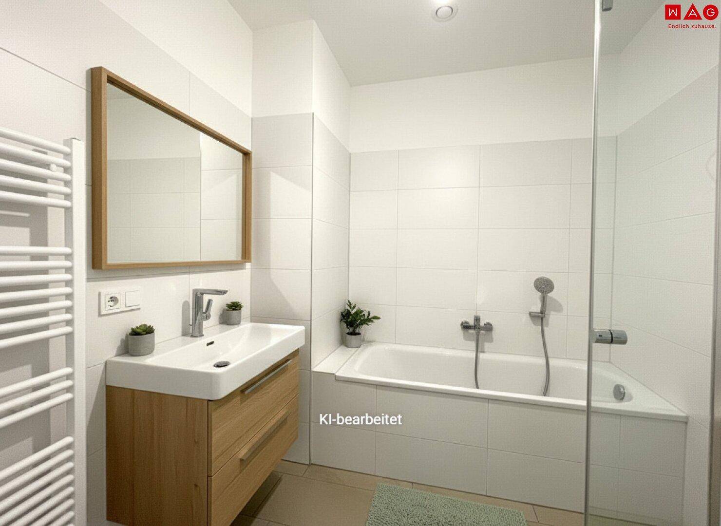 Modernes Badezimmer mit Badewanne, Dusche, Holzwaschtisch und beheiztem Handtuchhalter.