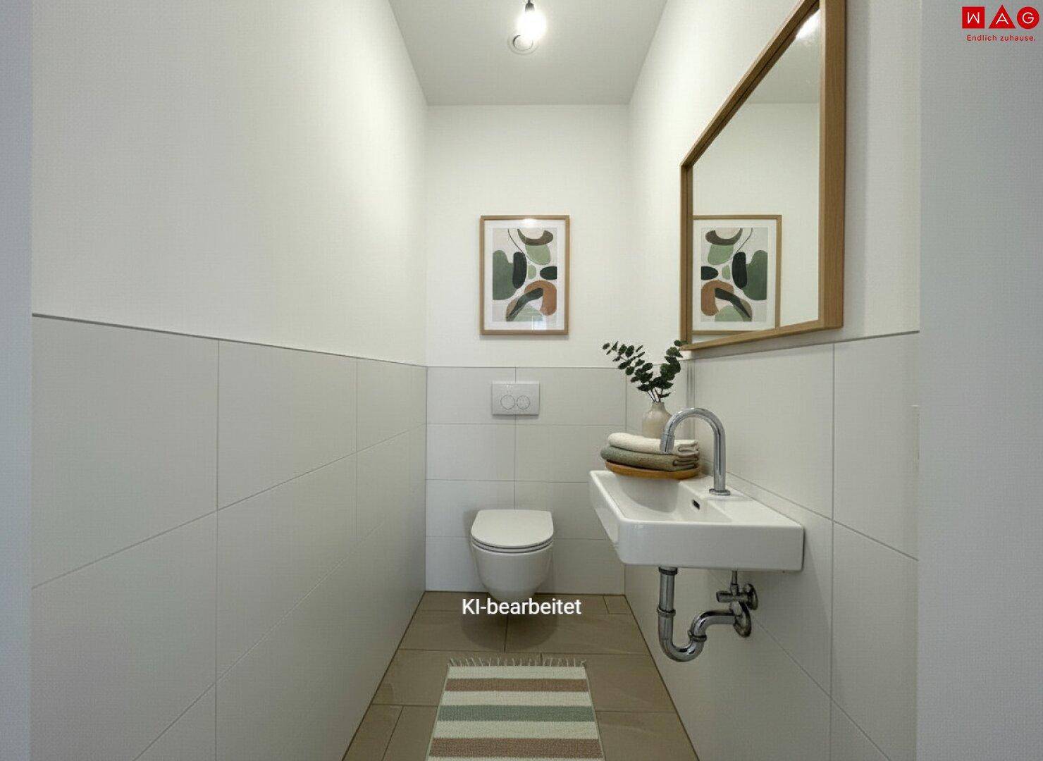 Modernes Gäste-WC mit wandhängender Toilette, kleinem Waschbecken und Spiegel.
