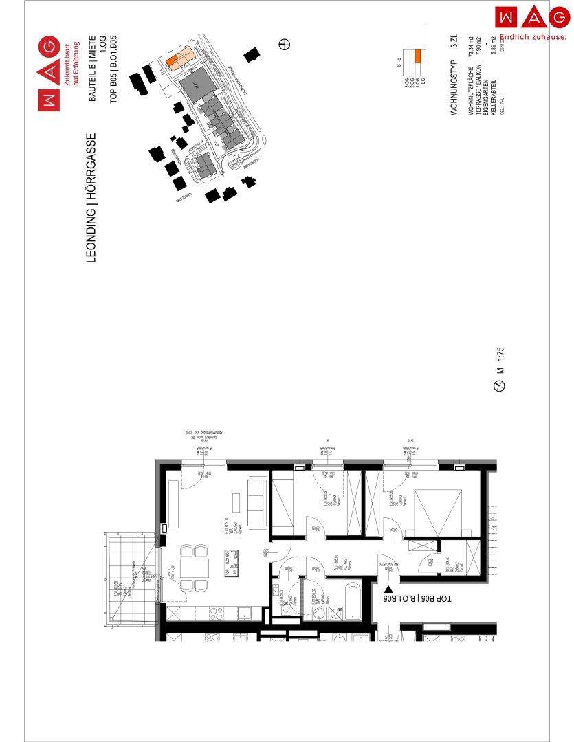 Grundriss einer 3-Zimmer-Wohnung mit Balkon und offener Wohnküche, inklusive Lageplan.
