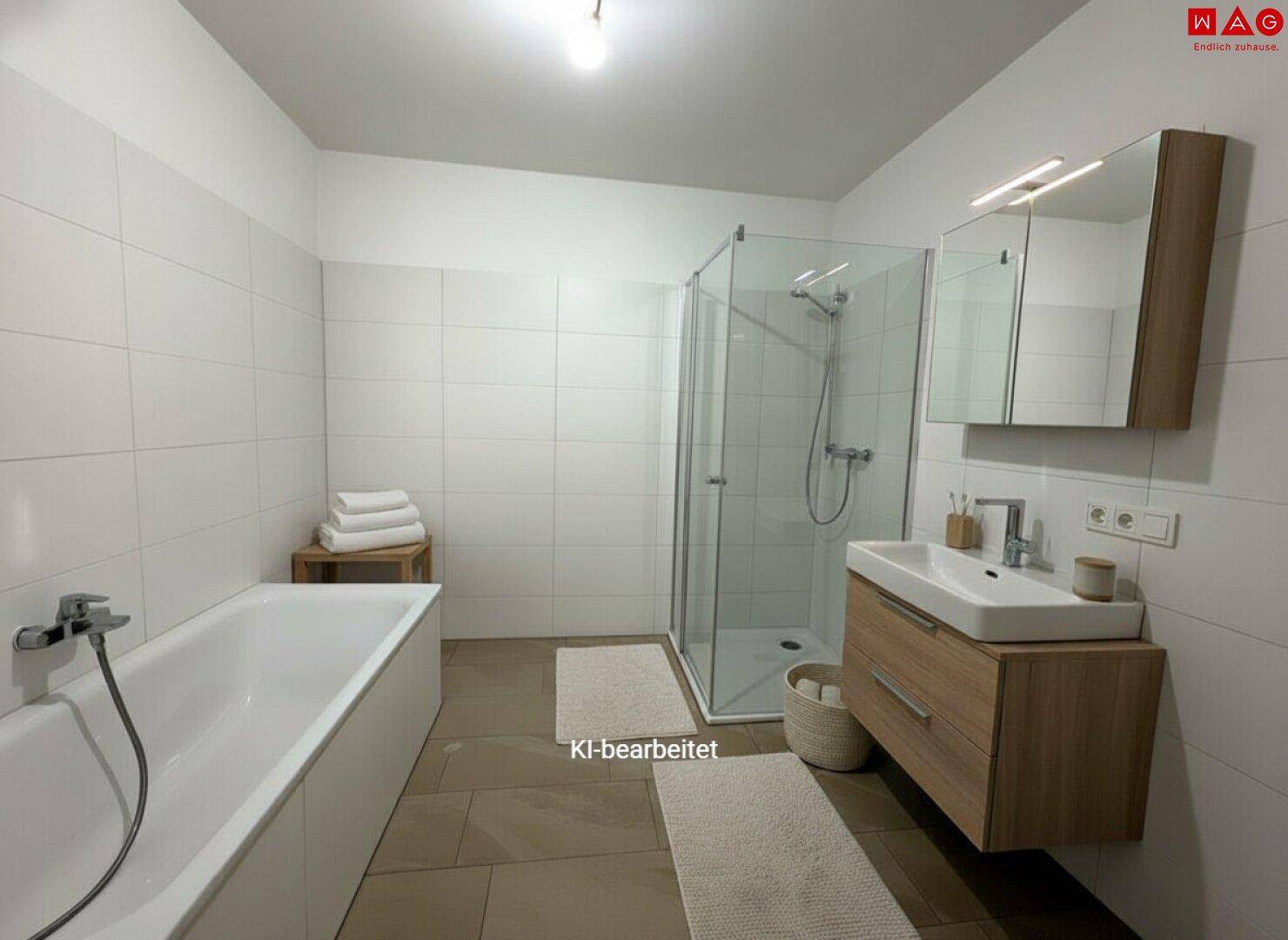 Modernes Badezimmer mit Badewanne, Duschkabine und Holzwaschtisch.