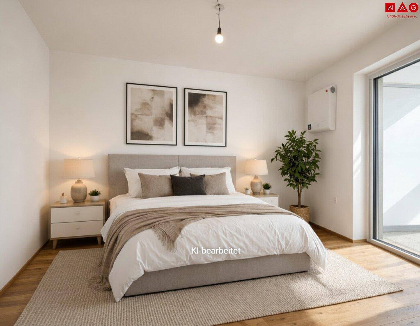 Modern eingerichtetes Schlafzimmer mit Doppelbett, Parkettboden und Zugang zu einem Außenbereich.
