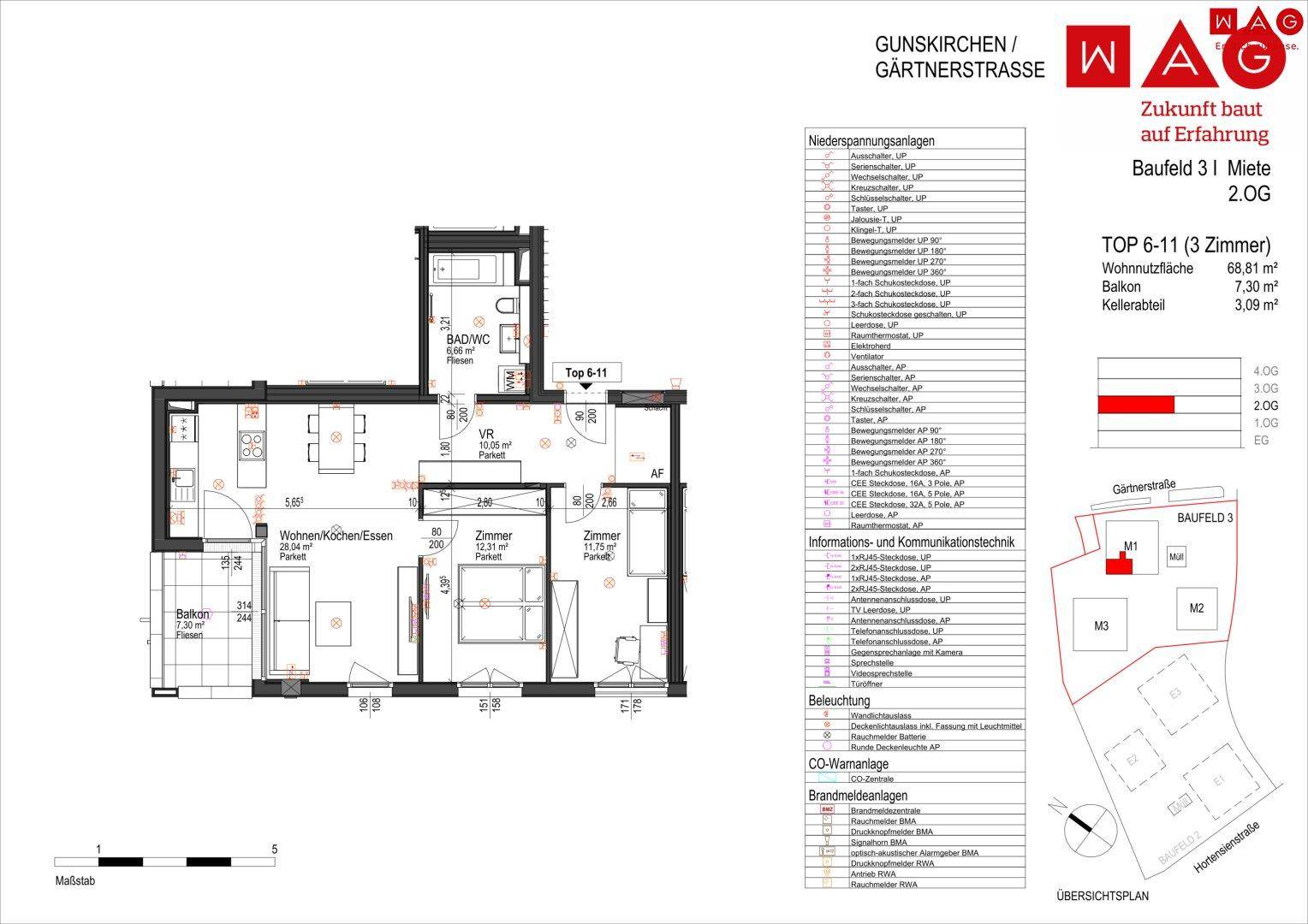 Grundriss einer 3-Zimmer-Wohnung mit technischen Details und Flächenangaben.