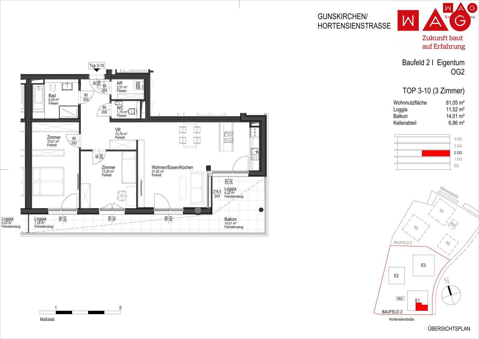Detaillierter Grundriss einer modernen Wohnung mit drei Zimmern, Loggia und einem zusätzlichen Balkon.