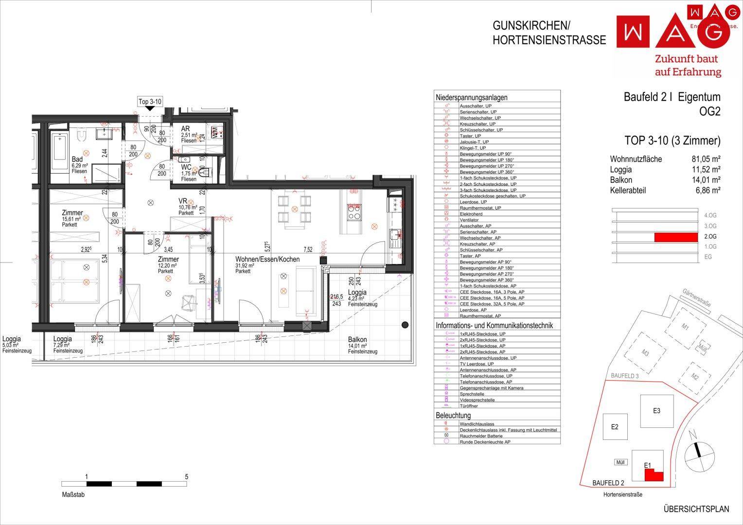 Detaillierter Grundriss einer modernen Wohnung mit drei Zimmern, Loggia und einem zusätzlichen Balkon.