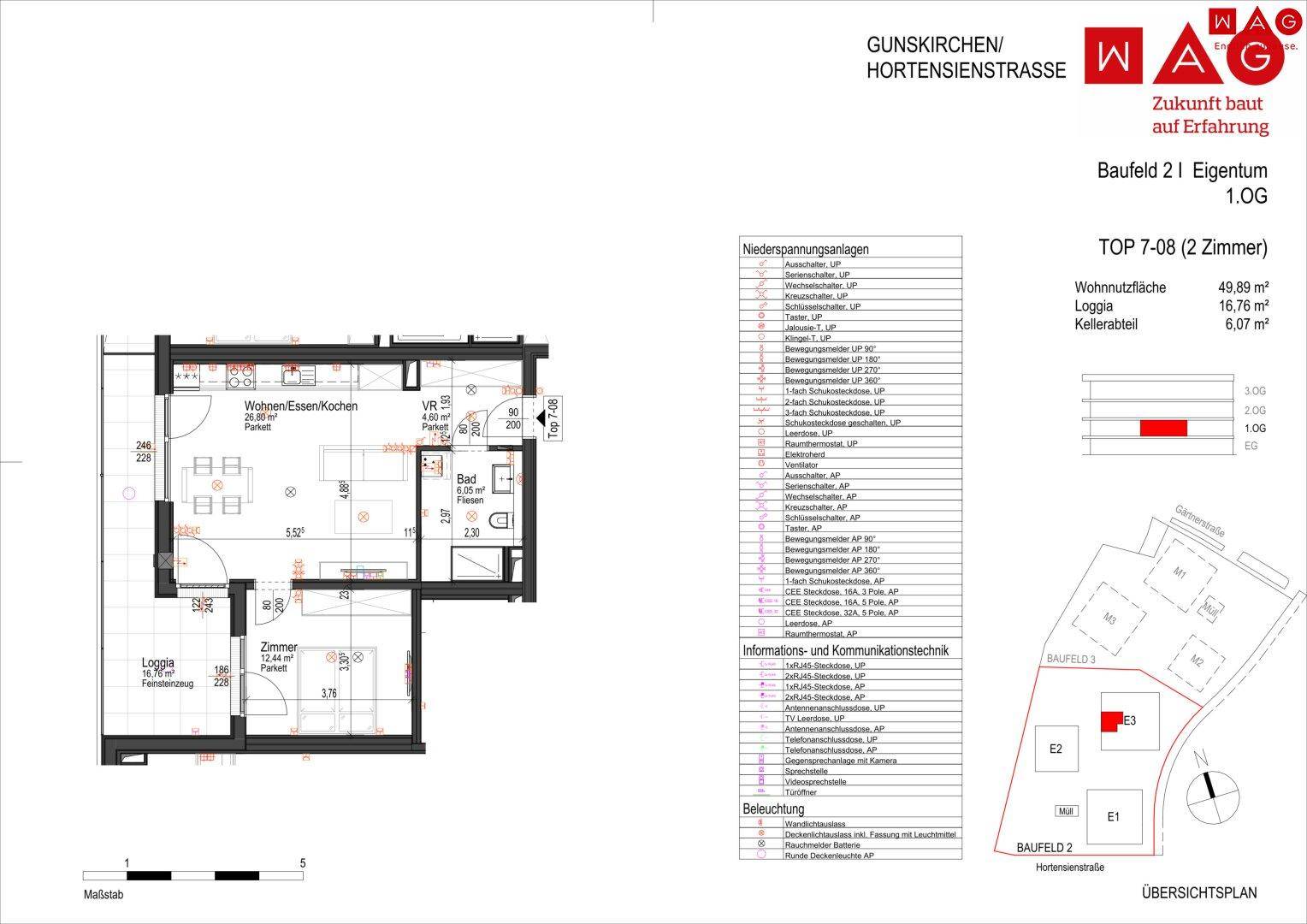Grundriss einer 2-Zimmer-Wohnung mit offener Wohnküche und Loggia, inklusive Detailinformationen.