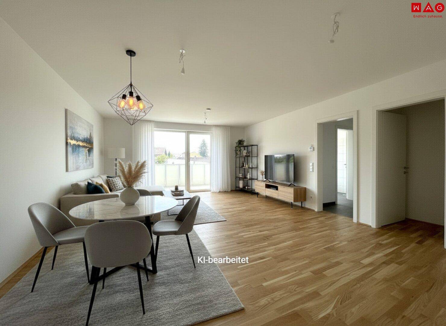 Offener Wohn-Essbereich mit modernem Esstisch, Sofa, TV und Zugang zum Balkon, mit Eichenparkett.