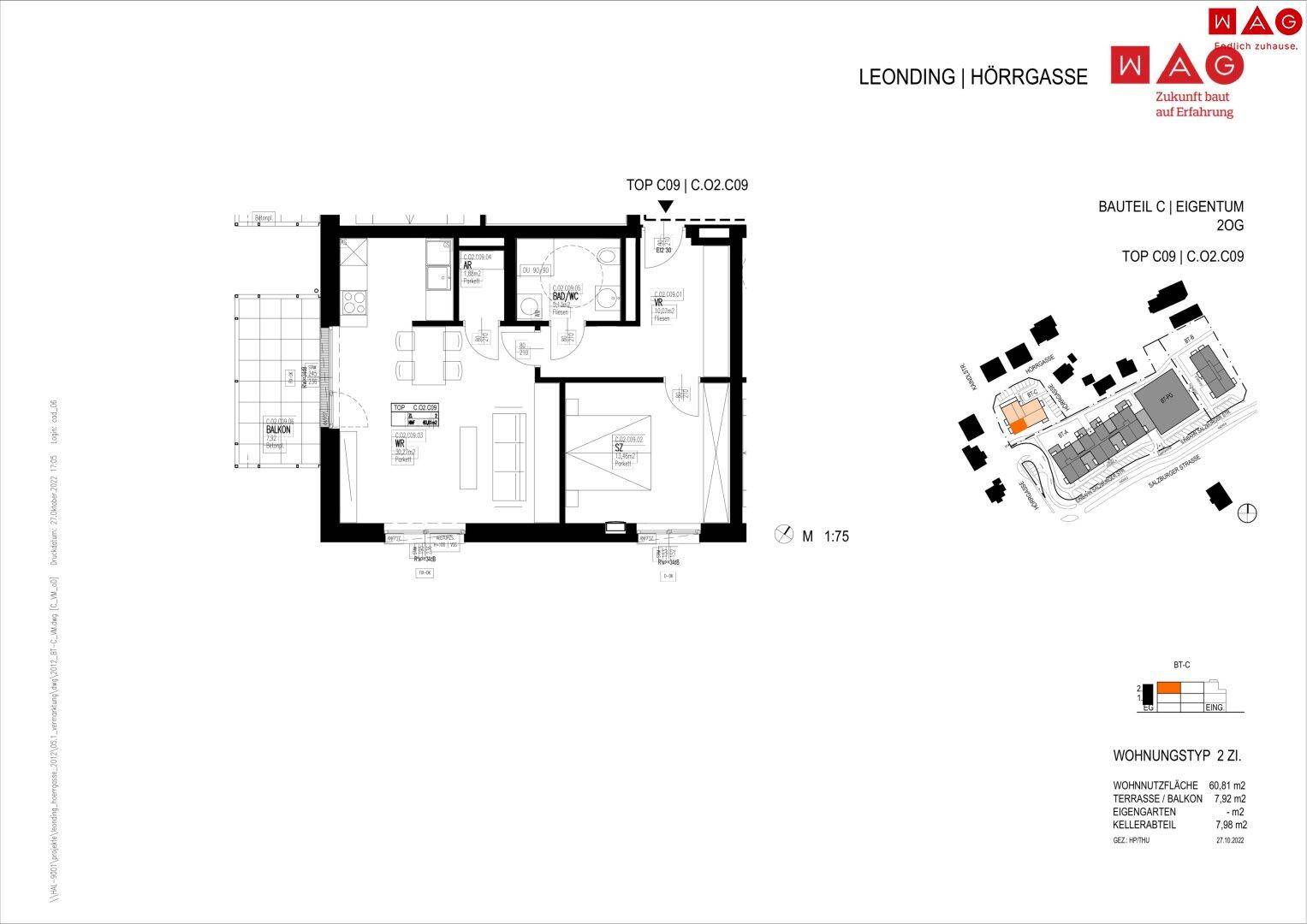 Grundriss der Wohnung mit Wohnfläche, Balkon und Gartenanteil, Maßstab 1:75.