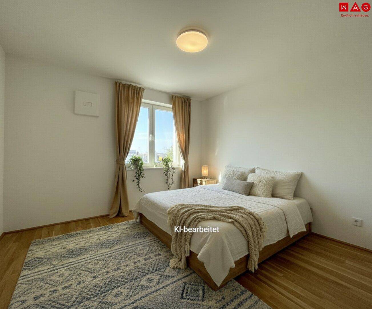 Gemütliches Schlafzimmer mit Doppelbett, Holzboden, Teppich und Fenster.
