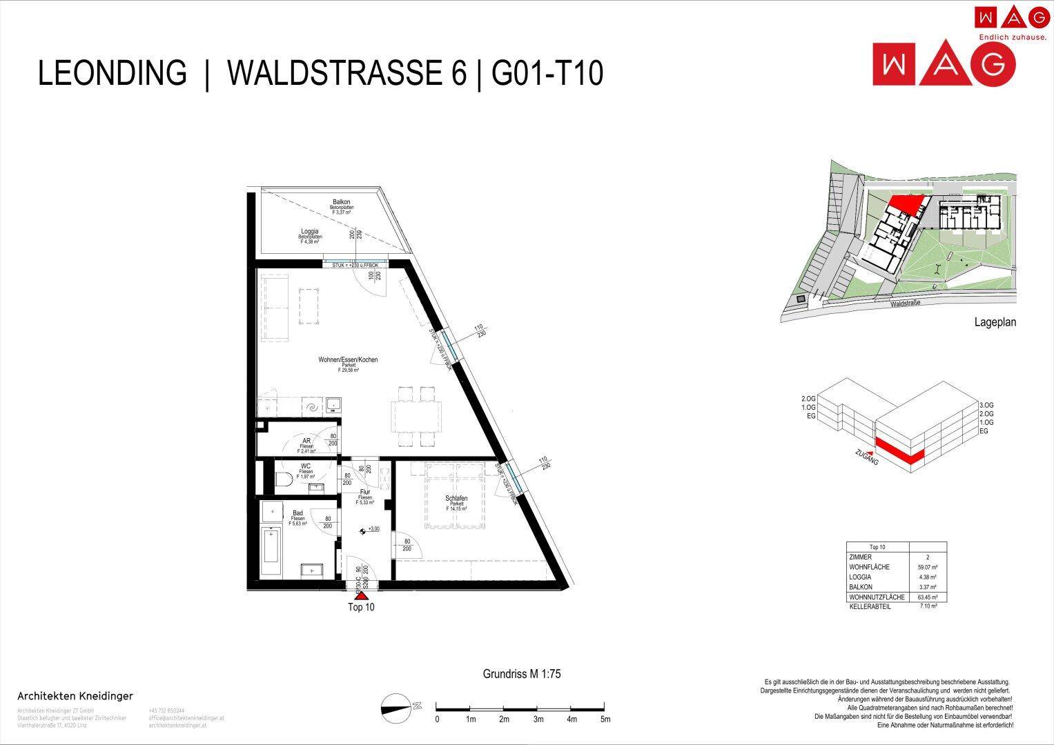 Detaillierter Grundriss einer Wohnung mit offenem Wohnbereich, Loggia und separatem WC.
