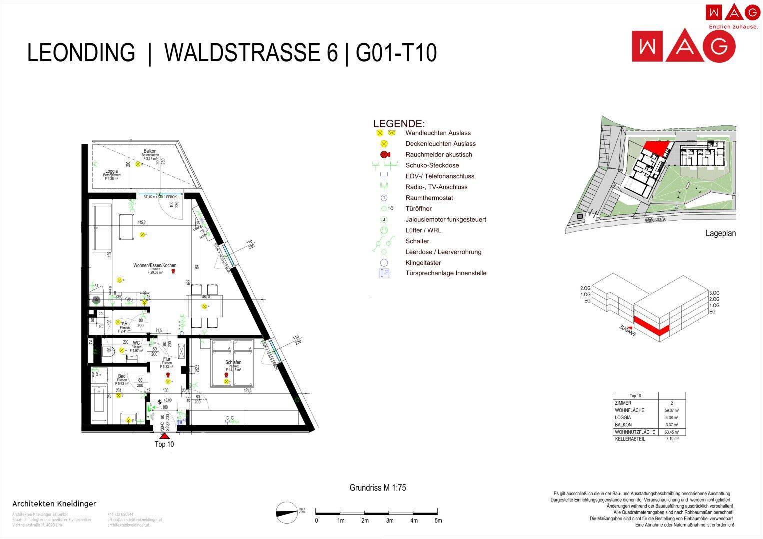 Detaillierter Grundriss einer Wohnung mit offenem Wohnbereich, Loggia und Legende.