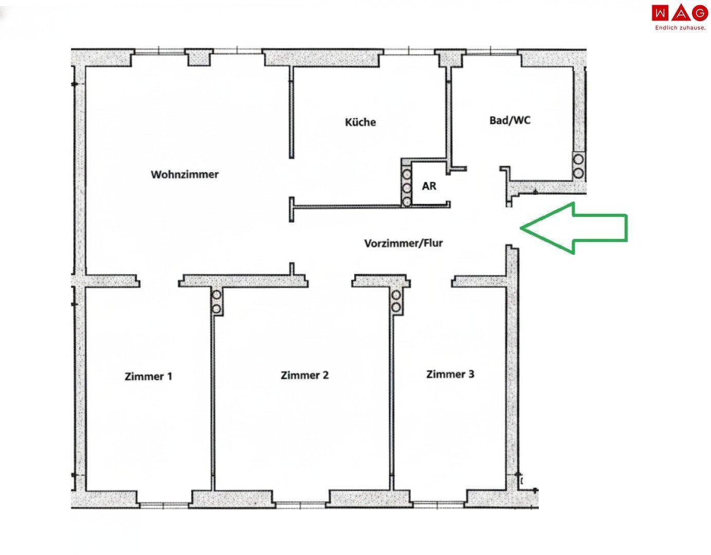 Grundriss einer Wohnung mit Wohnzimmer, Küche, Bad/WC, Abstellraum und drei weiteren Zimmern.