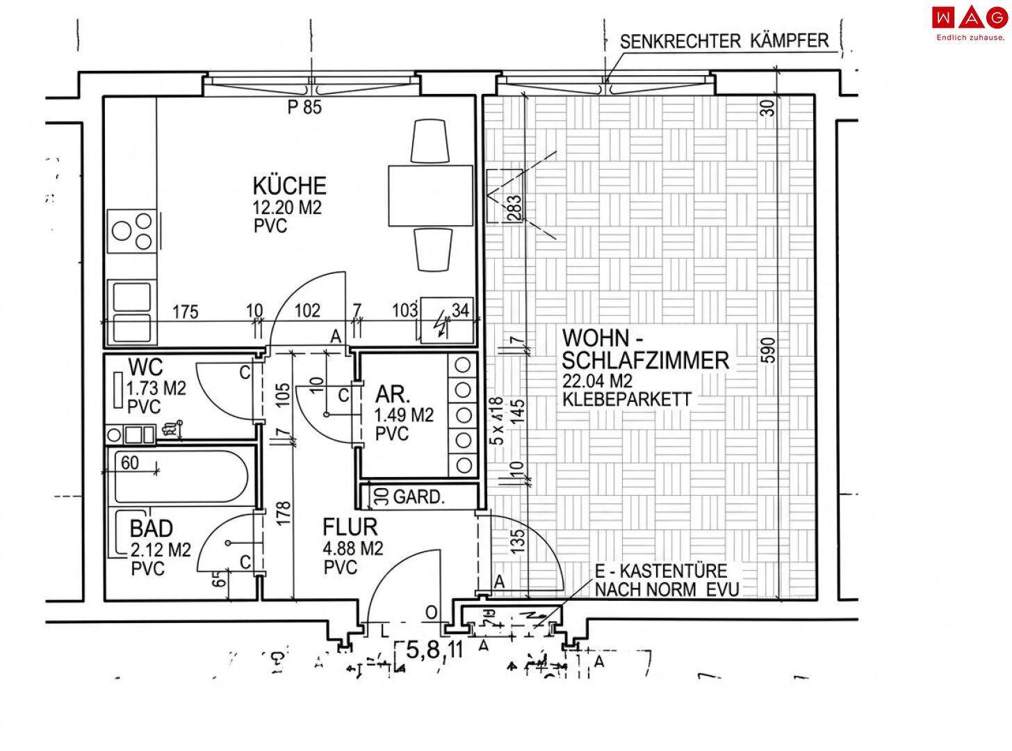 Grundriss einer Wohnung mit Küche, Bad, WC und kombiniertem Wohn-Schlafzimmer.