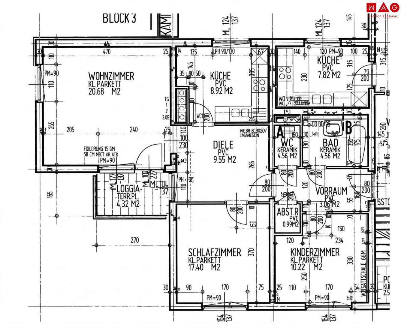Detaillierter Grundriss einer Wohnung mit Wohnzimmer, Küche, Bad, WC und zwei Schlafzimmern.