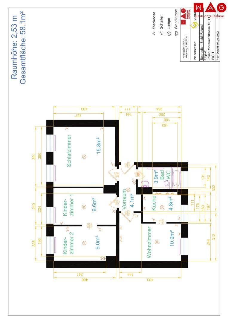 Grundriss einer Wohnung mit drei Schlafzimmern, Wohnzimmer, Küche, Bad und separatem WC.
