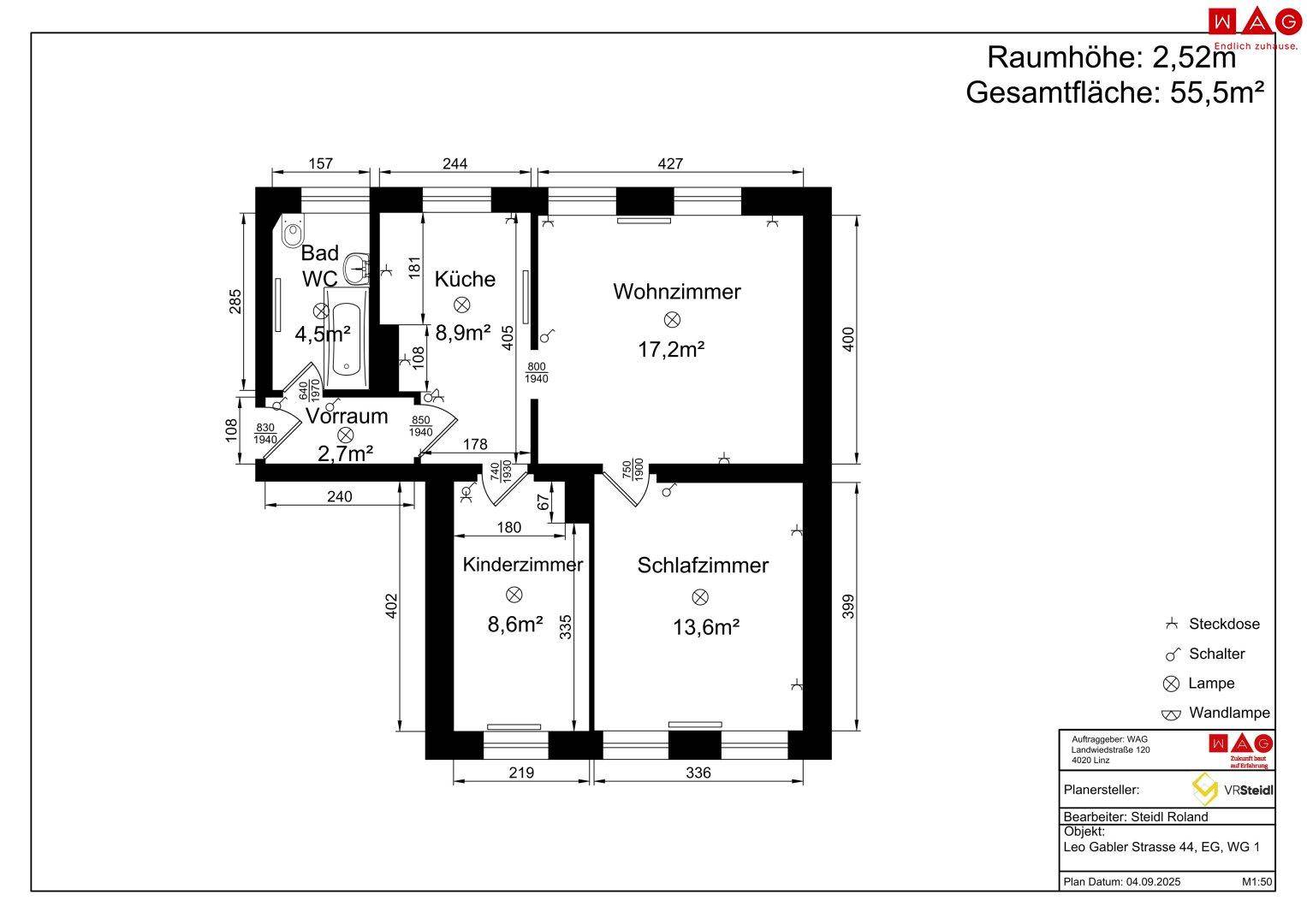 Grundriss einer Wohnung mit 55,5m² Gesamtfläche, aufgeteilt in Wohnzimmer, Schlafzimmer, Kinderzimmer, Küche und Bad.