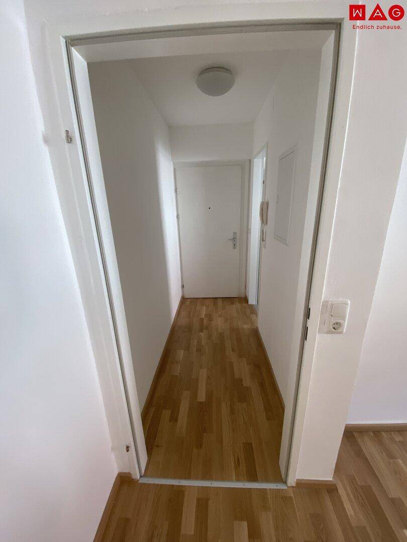 Eingangsbereich mit Holzparkettboden und weißer Tür, die den Zugang zu den Wohnräumen ermöglicht.