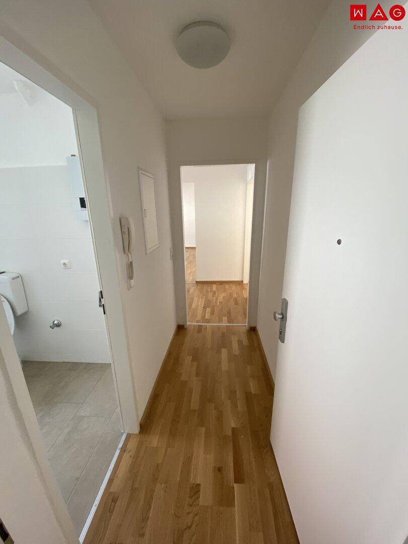 Heller Flur mit Holzparkettboden, der zu weiteren Räumen und dem Badezimmer führt.