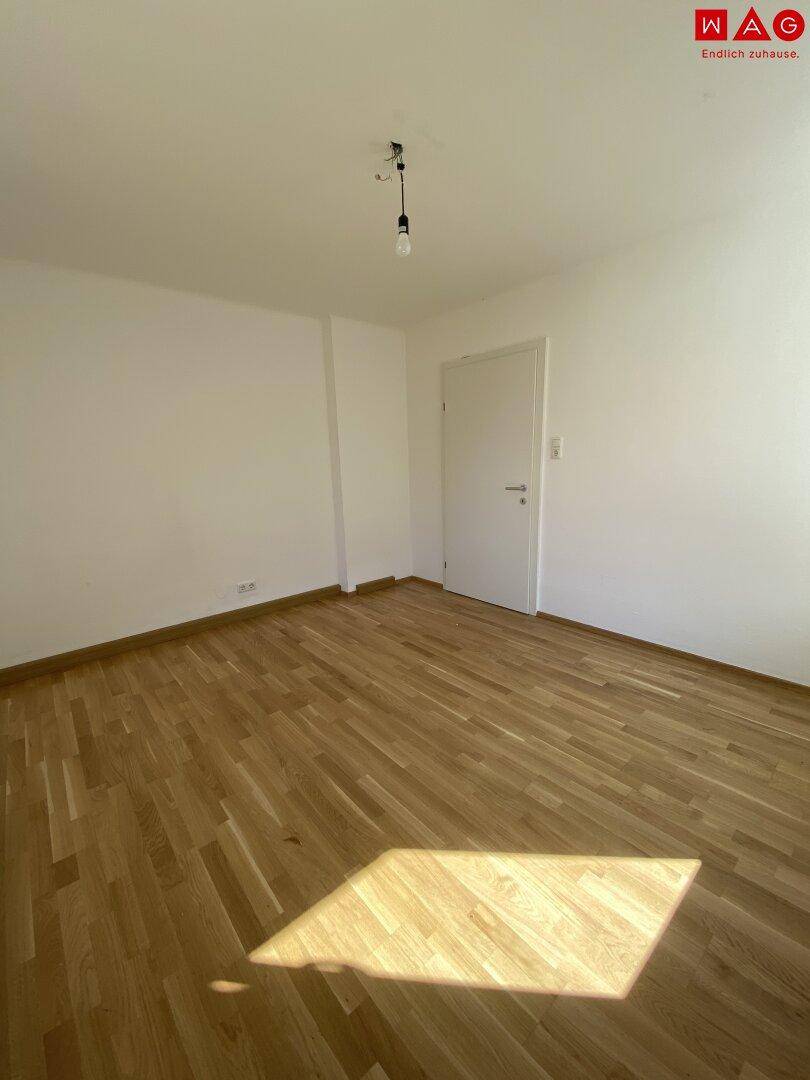 Heller Raum mit Parkettboden und weißer Tür, der viel Sonnenlicht empfängt und einladend wirkt.