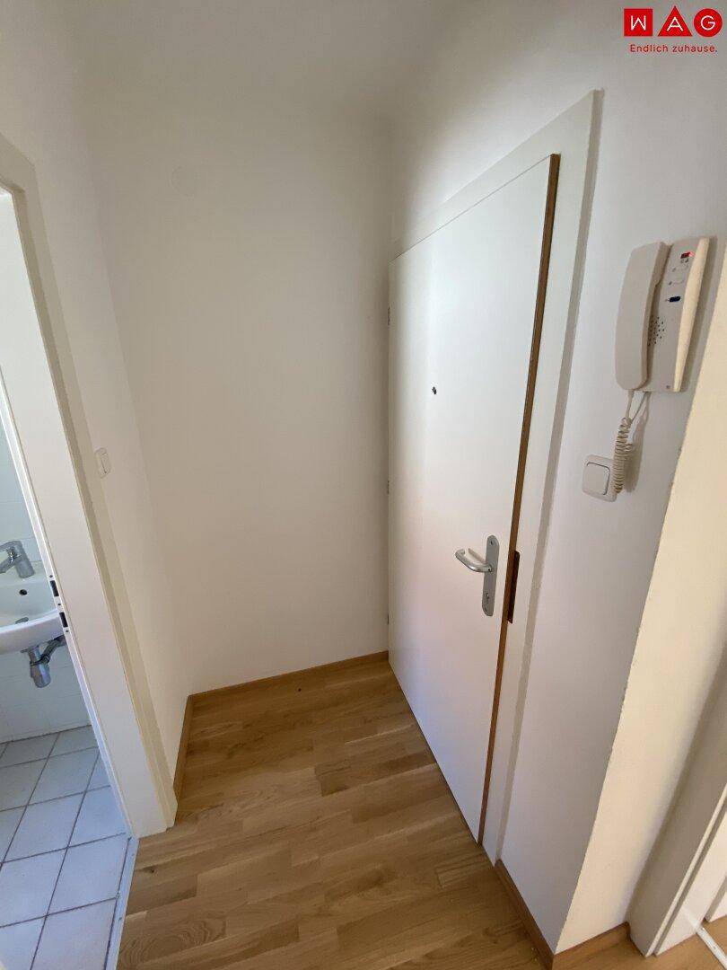 Eingangsbereich mit Gegensprechanlage, Holzboden und Zugang zu weiteren Räumen der Wohnung.