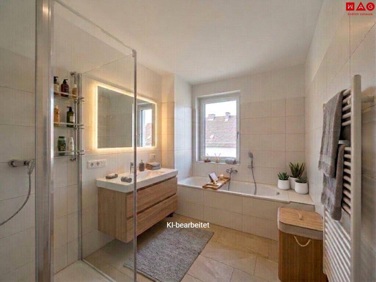 KI-bearbeitetes, modernes Badezimmer mit Dusche, Badewanne, Einzelwaschbecken und Fenster.