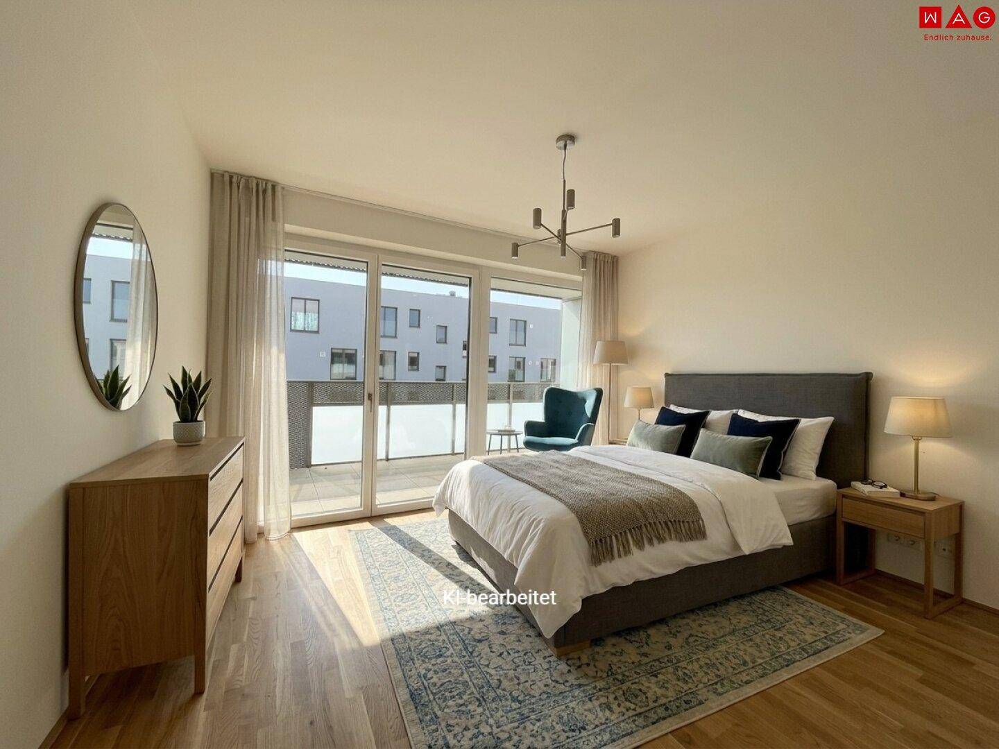 KI-bearbeitetes Schlafzimmer mit Doppelbett, Kommode und direktem Zugang zum Balkon.