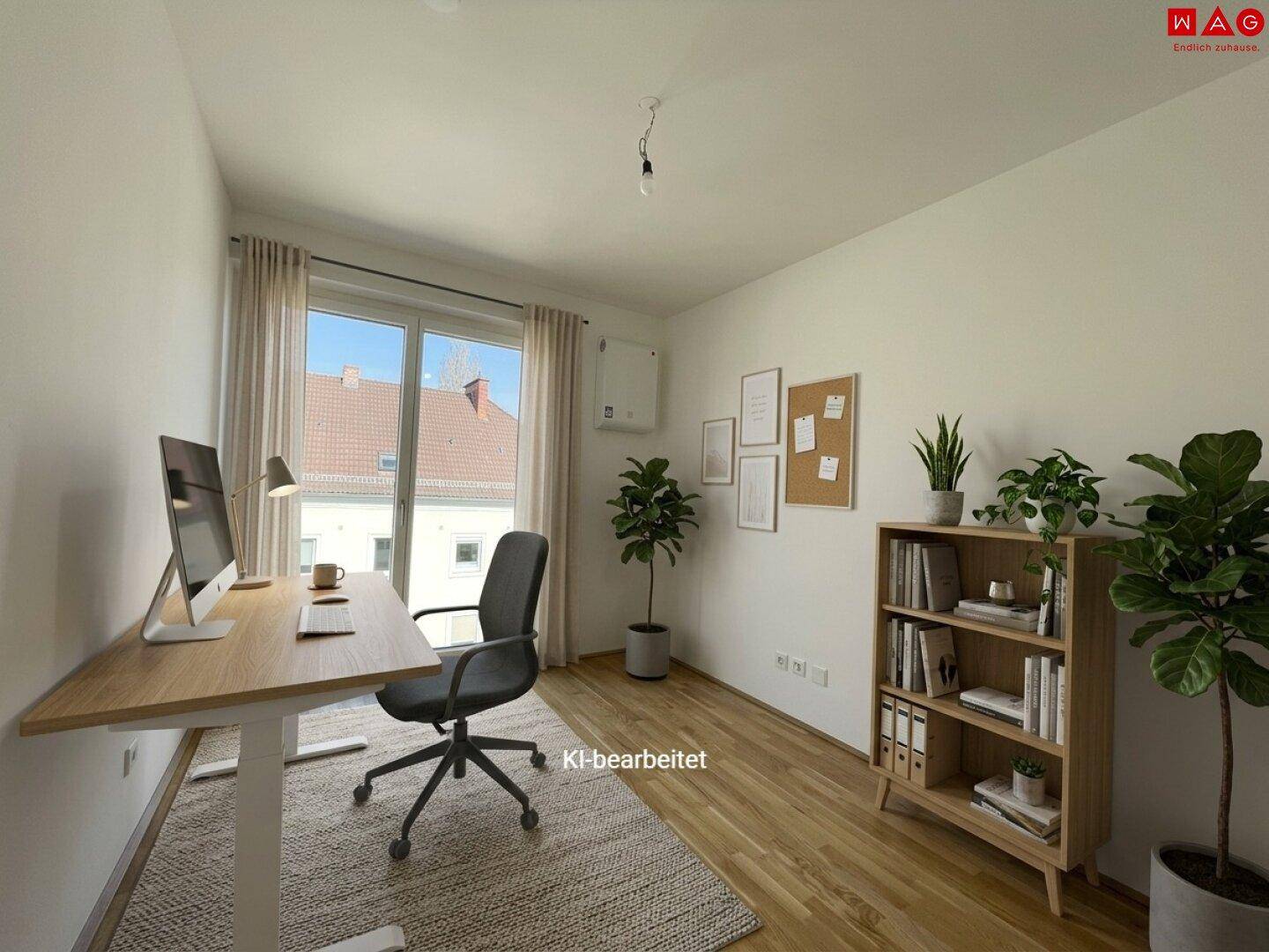 KI-bearbeitetes Arbeitszimmer mit Schreibtisch, Bürostuhl und großem Fenster für viel Tageslicht.