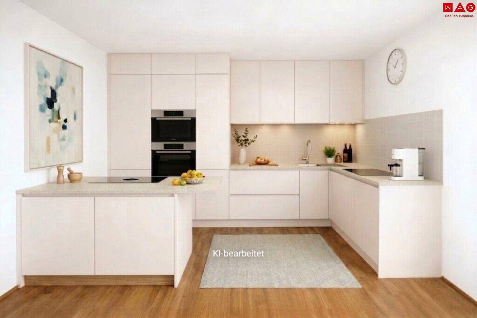 Moderne Einbauküche in hellem Design mit integrierten Geräten und viel Stauraum.