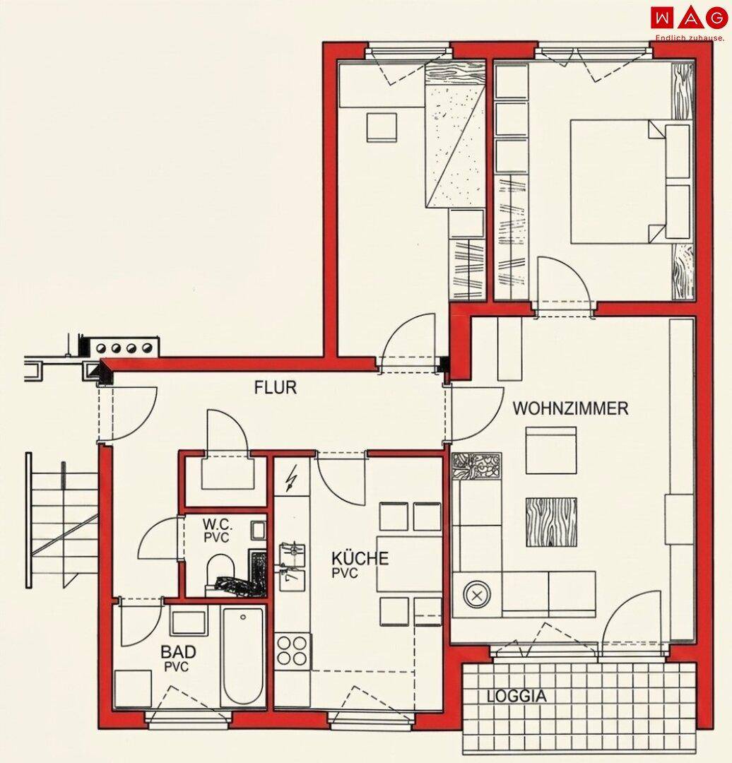Grundriss einer Wohnung mit Wohnzimmer, Küche, Bad, separatem WC und Loggia.