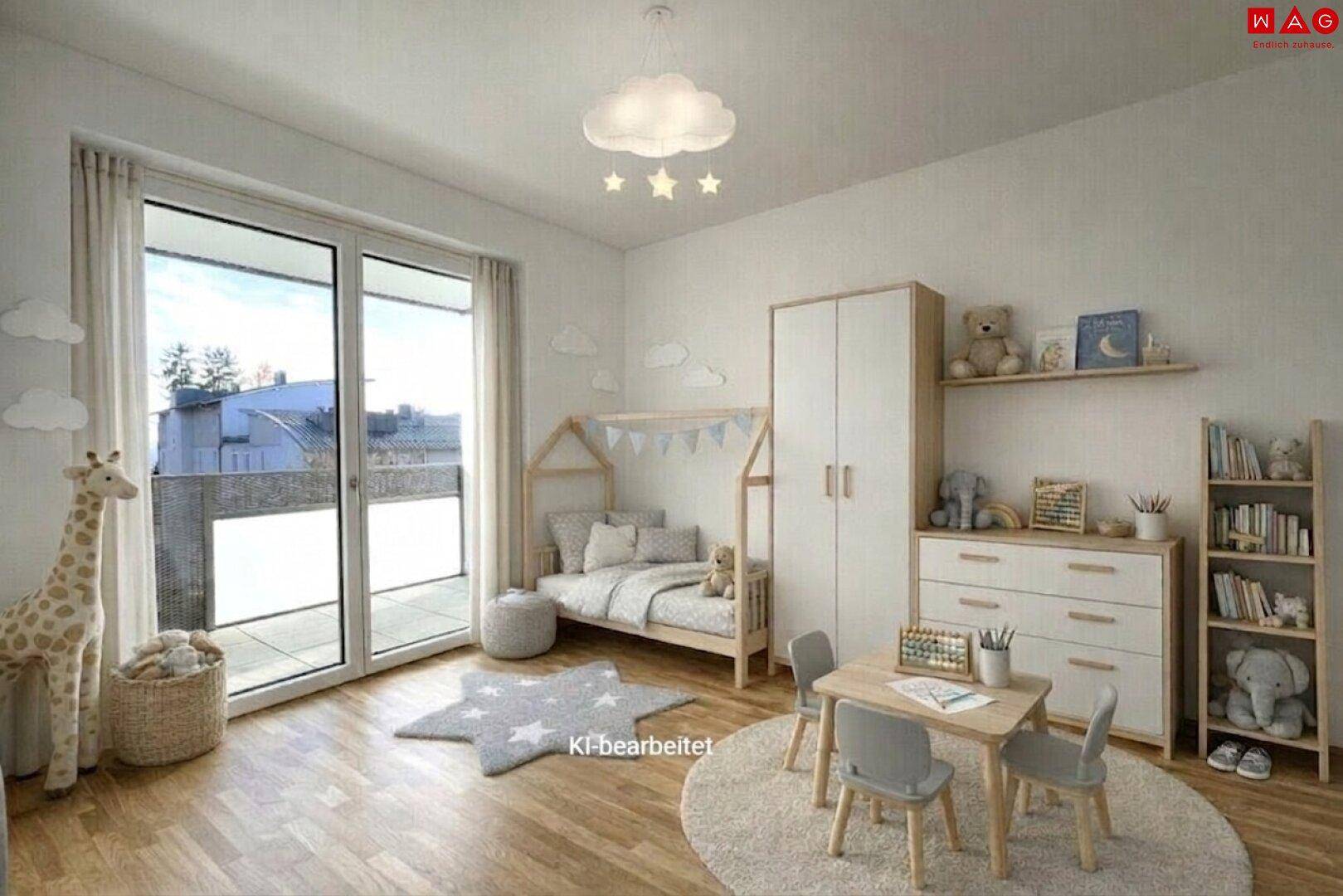 Freundliches Kinderzimmer mit Holzboden, Spielbereich und direktem Zugang zu einem Balkon.