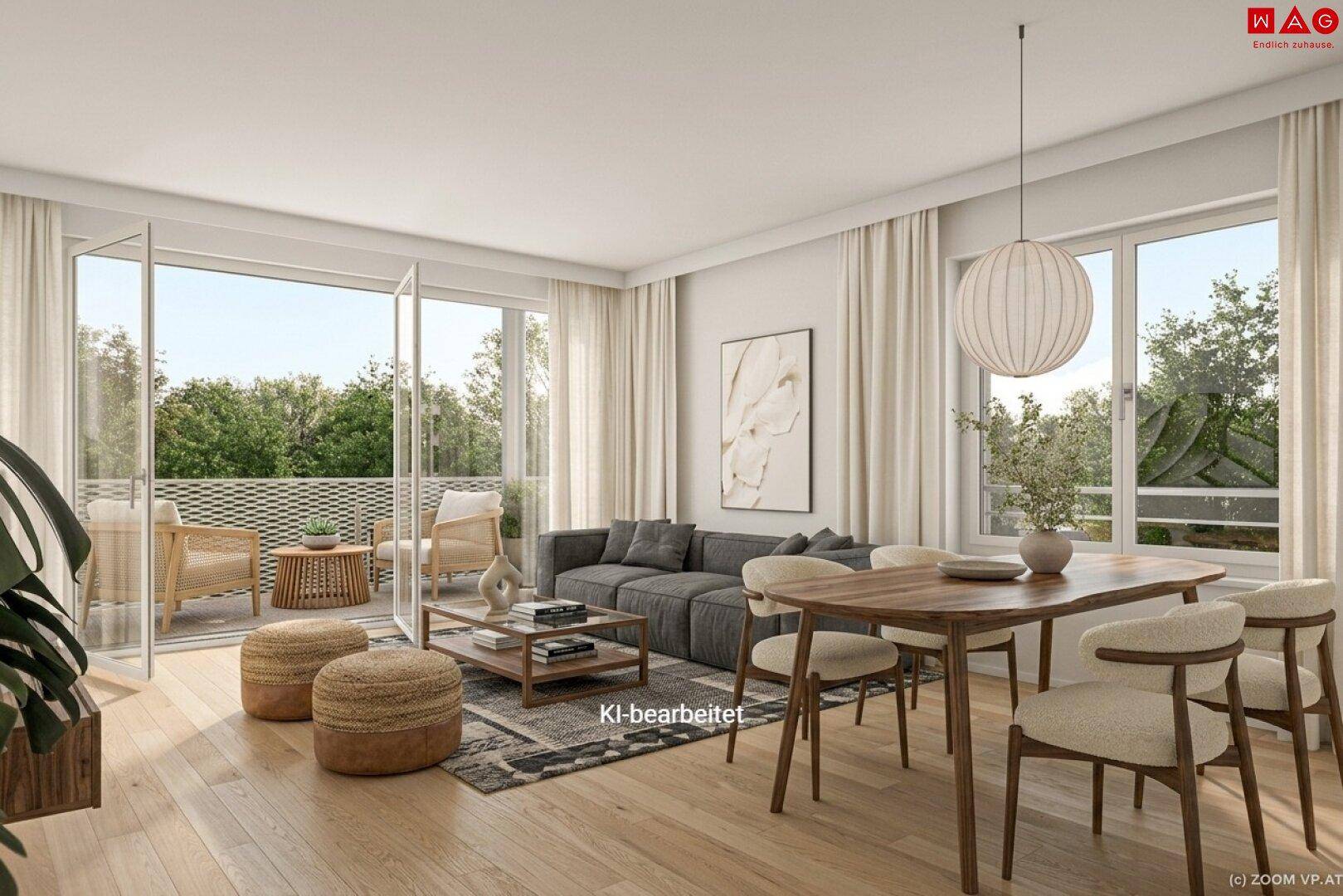 Heller Wohn- und Essbereich mit Holzboden, modernen Möbeln und Zugang zu einem großzügigen Balkon.