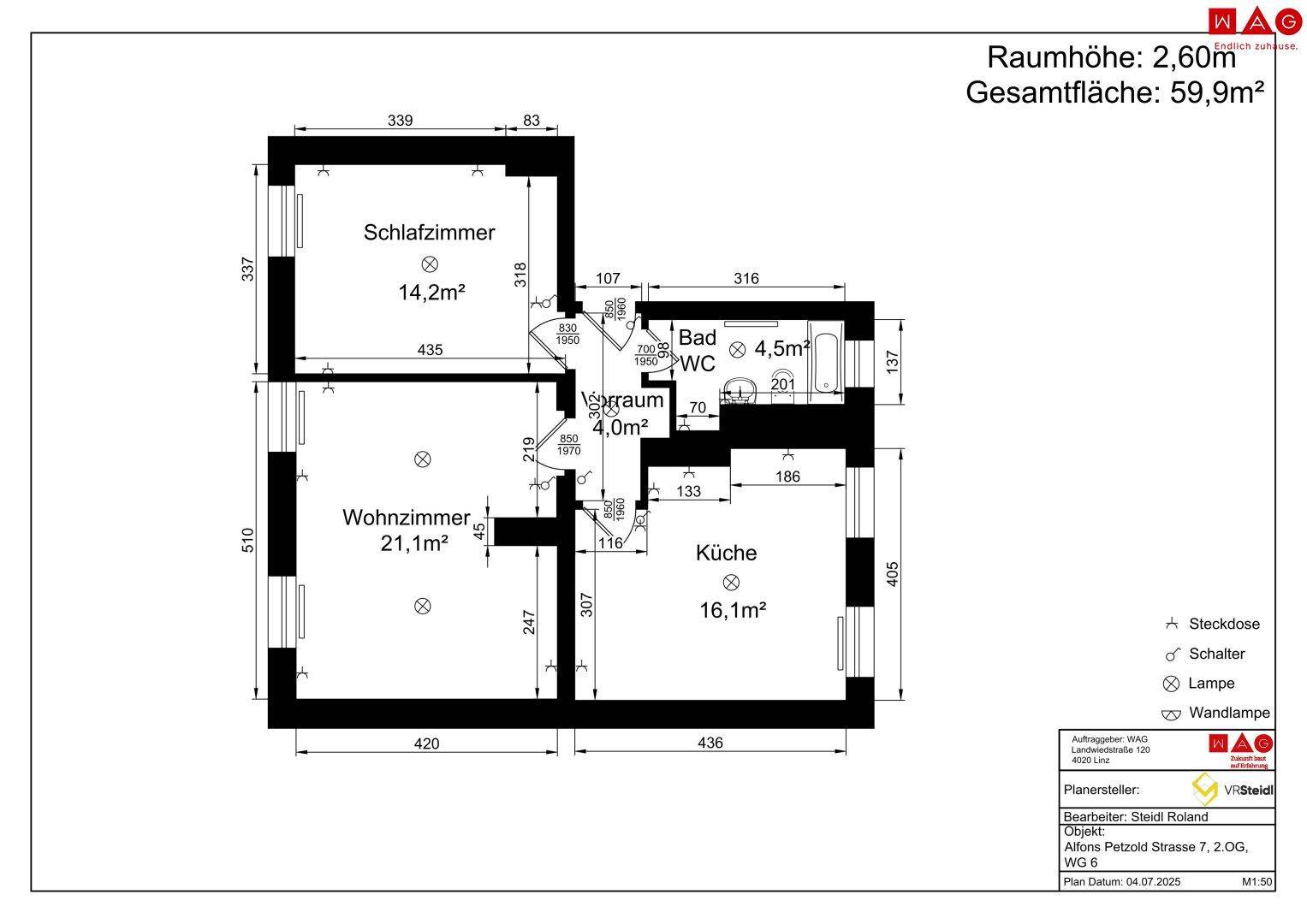 Grundriss einer Wohnung mit Schlafzimmer, Wohnzimmer, Küche, Bad und separatem WC.