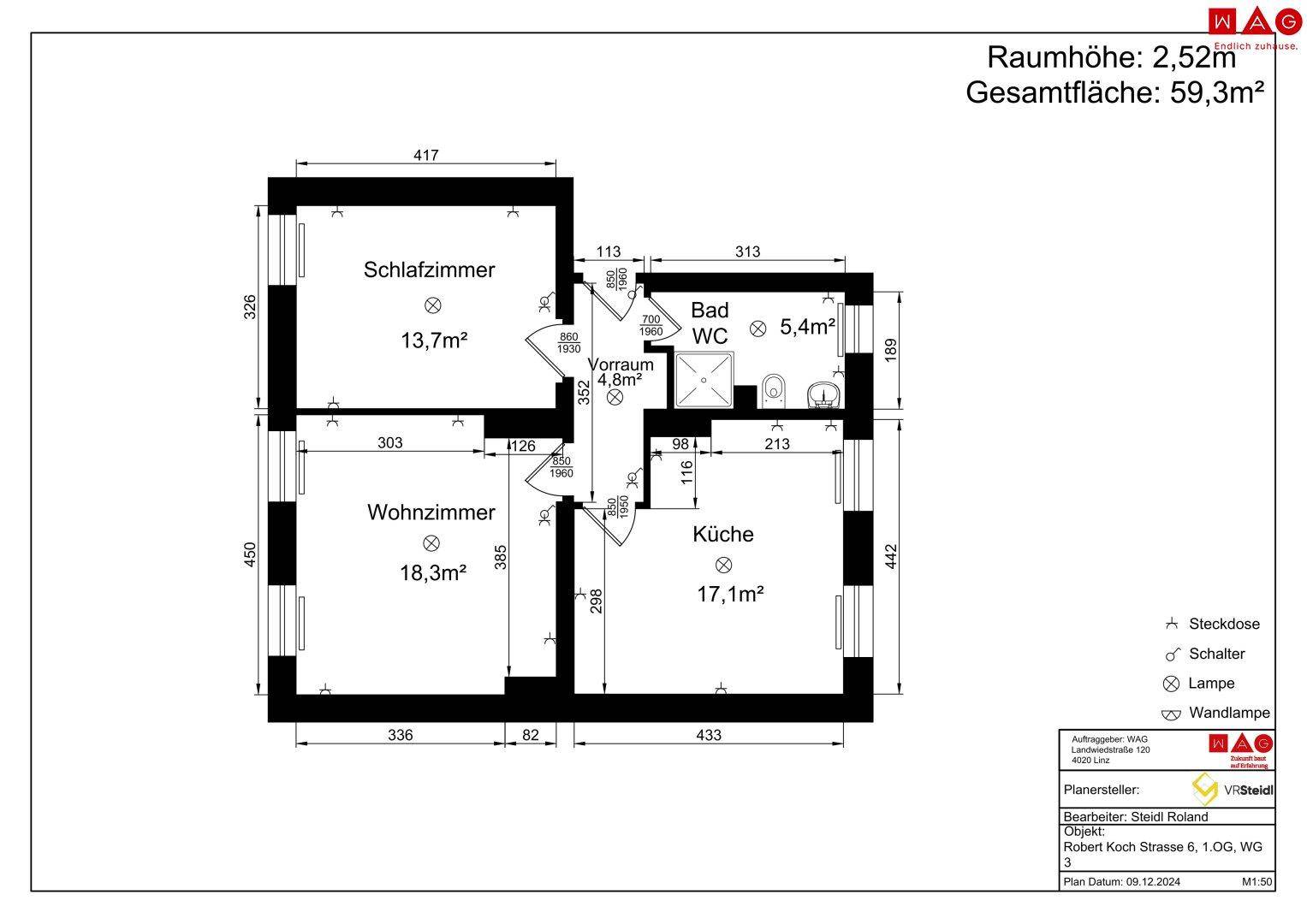 Grundriss einer 59,3m² Wohnung mit Schlafzimmer, Wohnzimmer, Küche und Bad/WC.