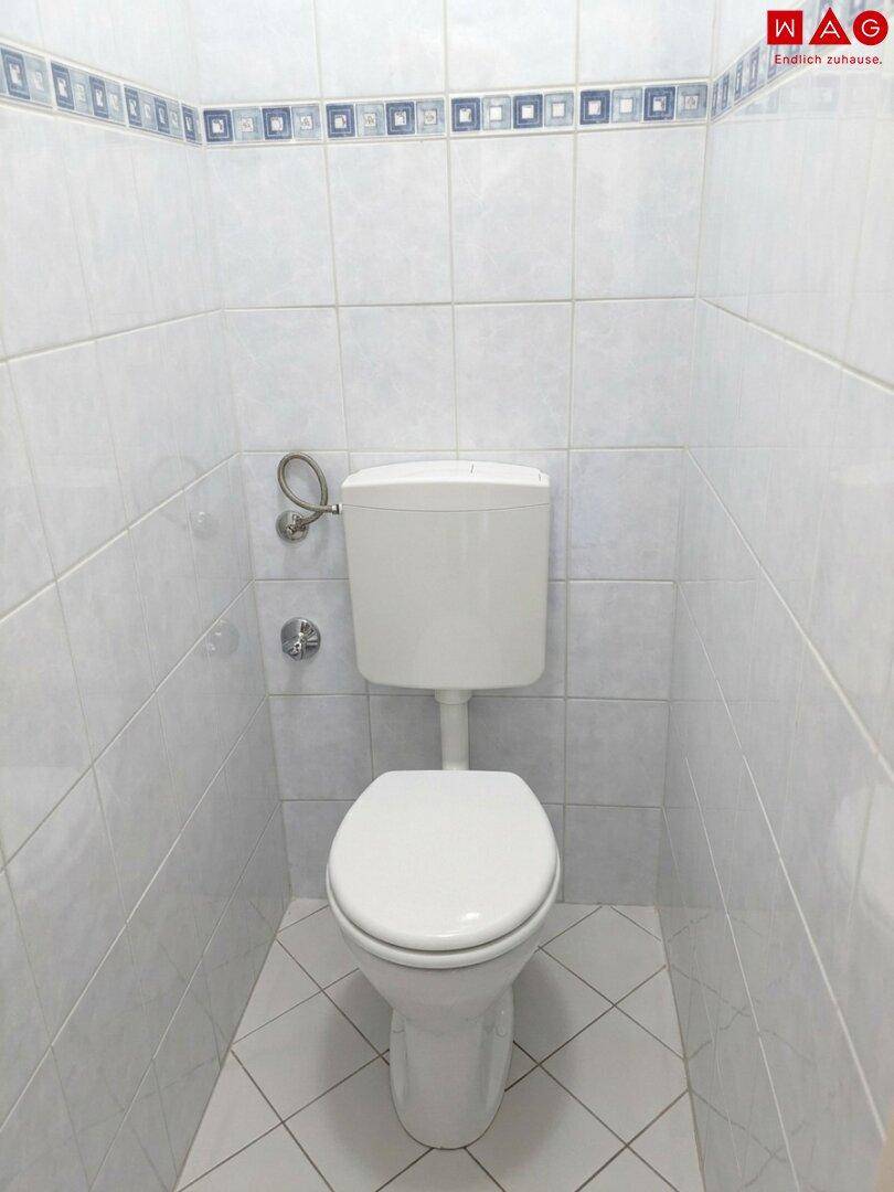Separates WC mit weißer Toilette und hellen Fliesen, verziert mit einem blauen Bordürenmuster.