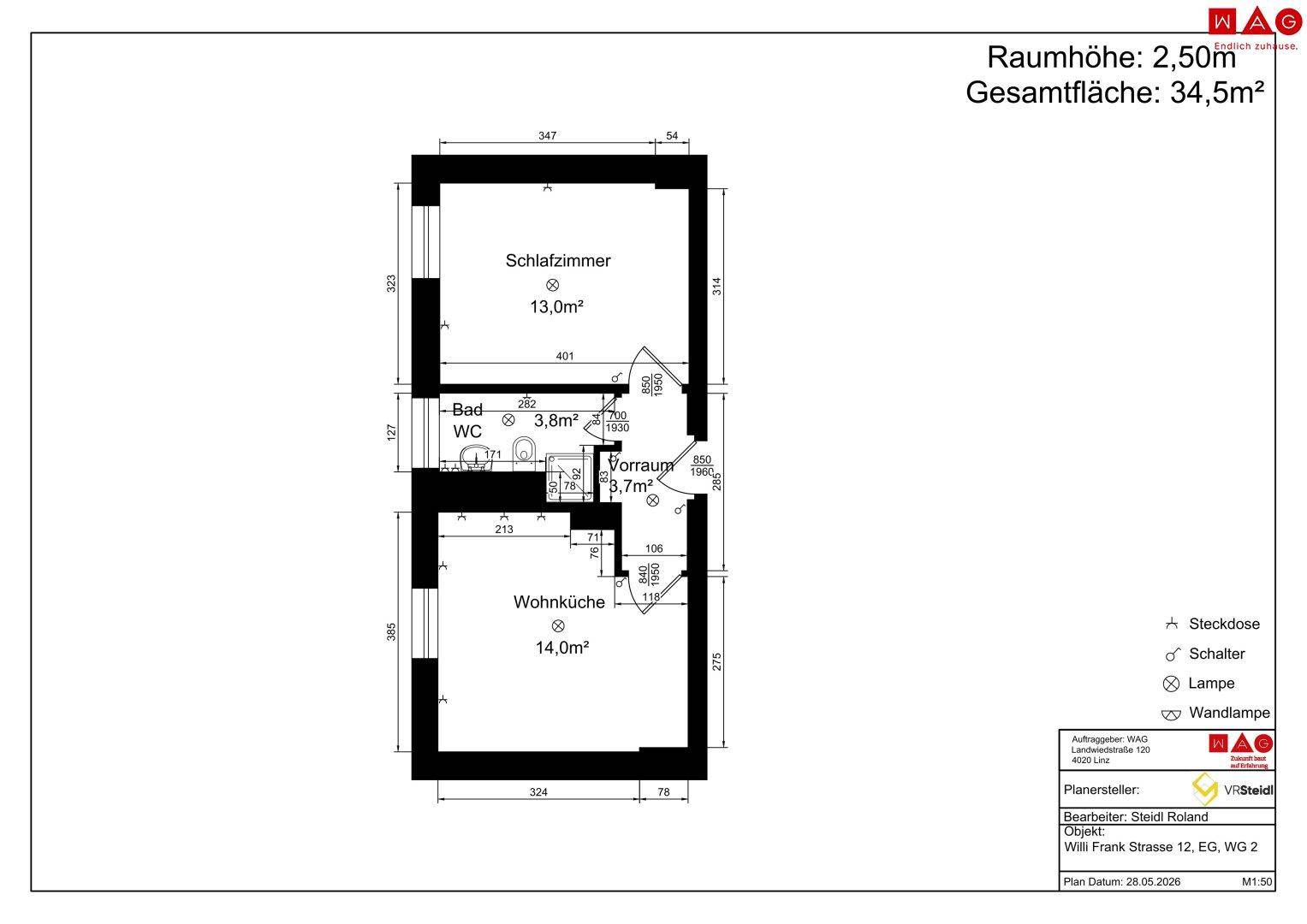 Grundriss einer Wohnung mit Schlafzimmer, Bad/WC und Wohnküche auf 34,5m².