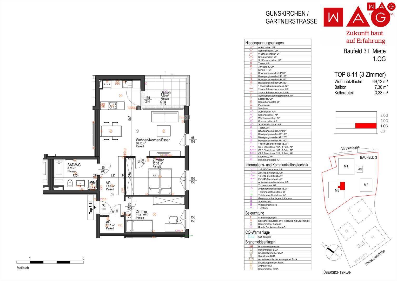 Grundriss einer 3-Zimmer-Wohnung mit Balkon und detaillierten technischen Informationen zur Ausstattung.