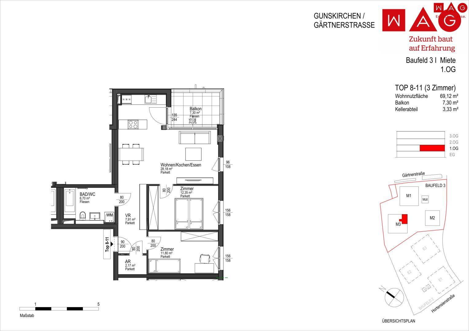 Grundriss einer 3-Zimmer-Wohnung mit Balkon und offenem Wohn-Essbereich im ersten Obergeschoss.