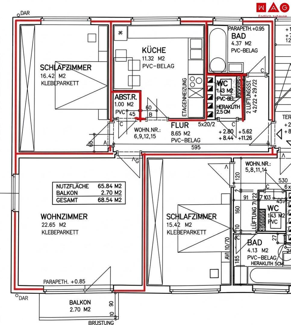 Detaillierter Grundriss einer Wohnung mit Schlafzimmern, Wohnzimmer und Balkonen.