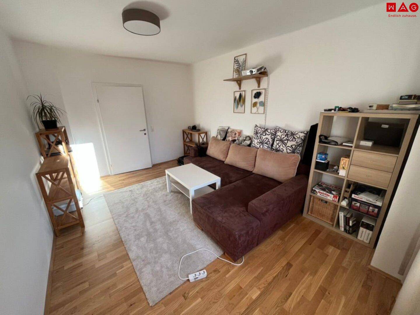 Gemütliches Wohnzimmer mit Sofa, Couchtisch, Teppich und Holzregalen an den Wänden.