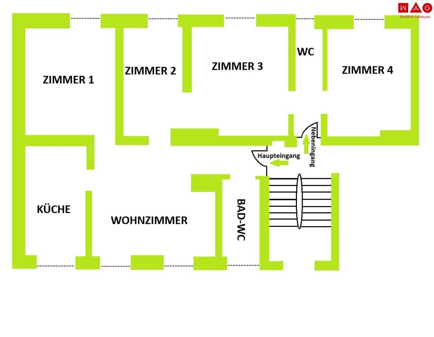 Übersichtlicher Grundriss der Wohnung mit vier Zimmern, Küche und Bad.