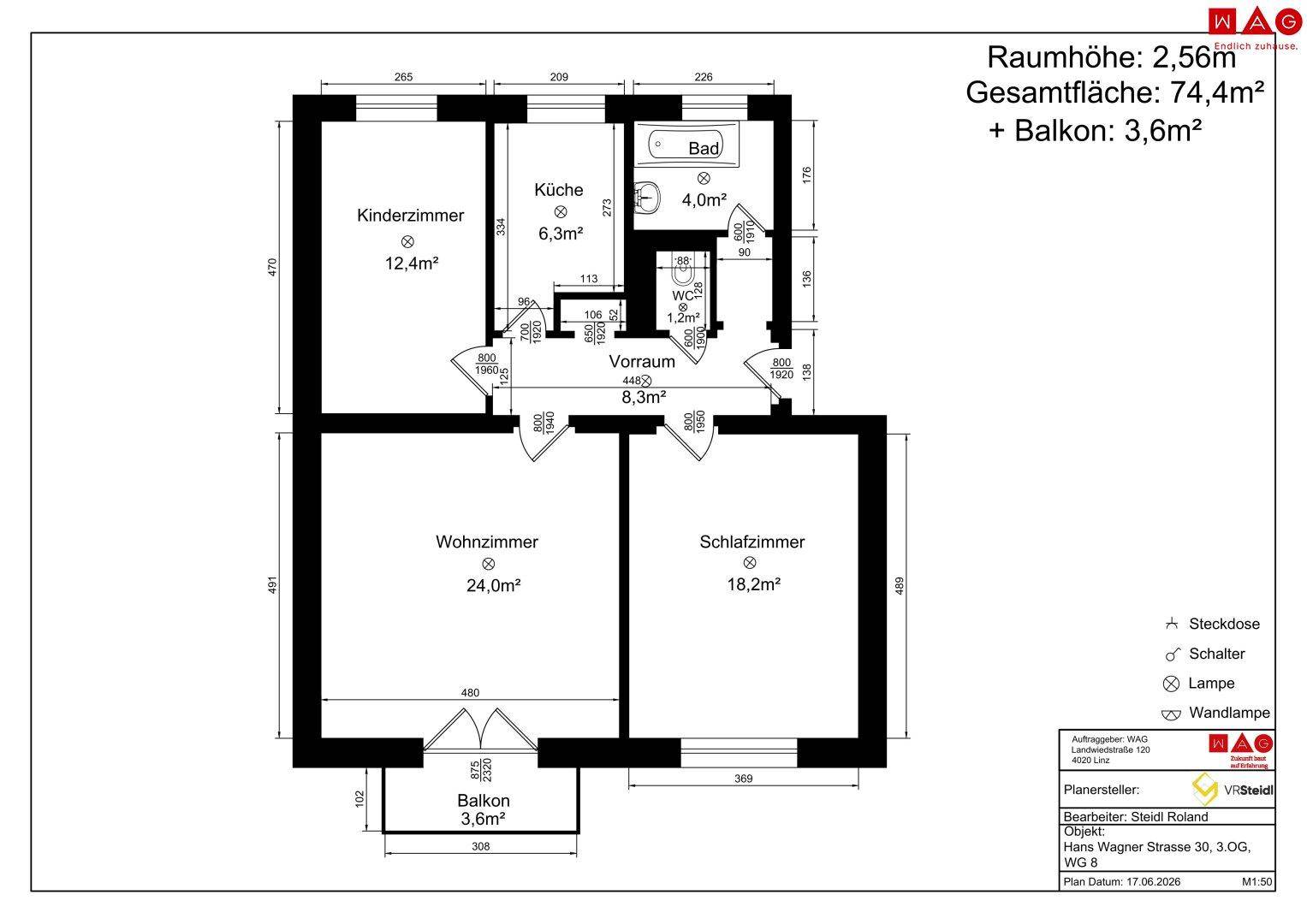 Detaillierter Grundriss einer Dreizimmerwohnung mit allen Raummaßen und Gesamtfläche.